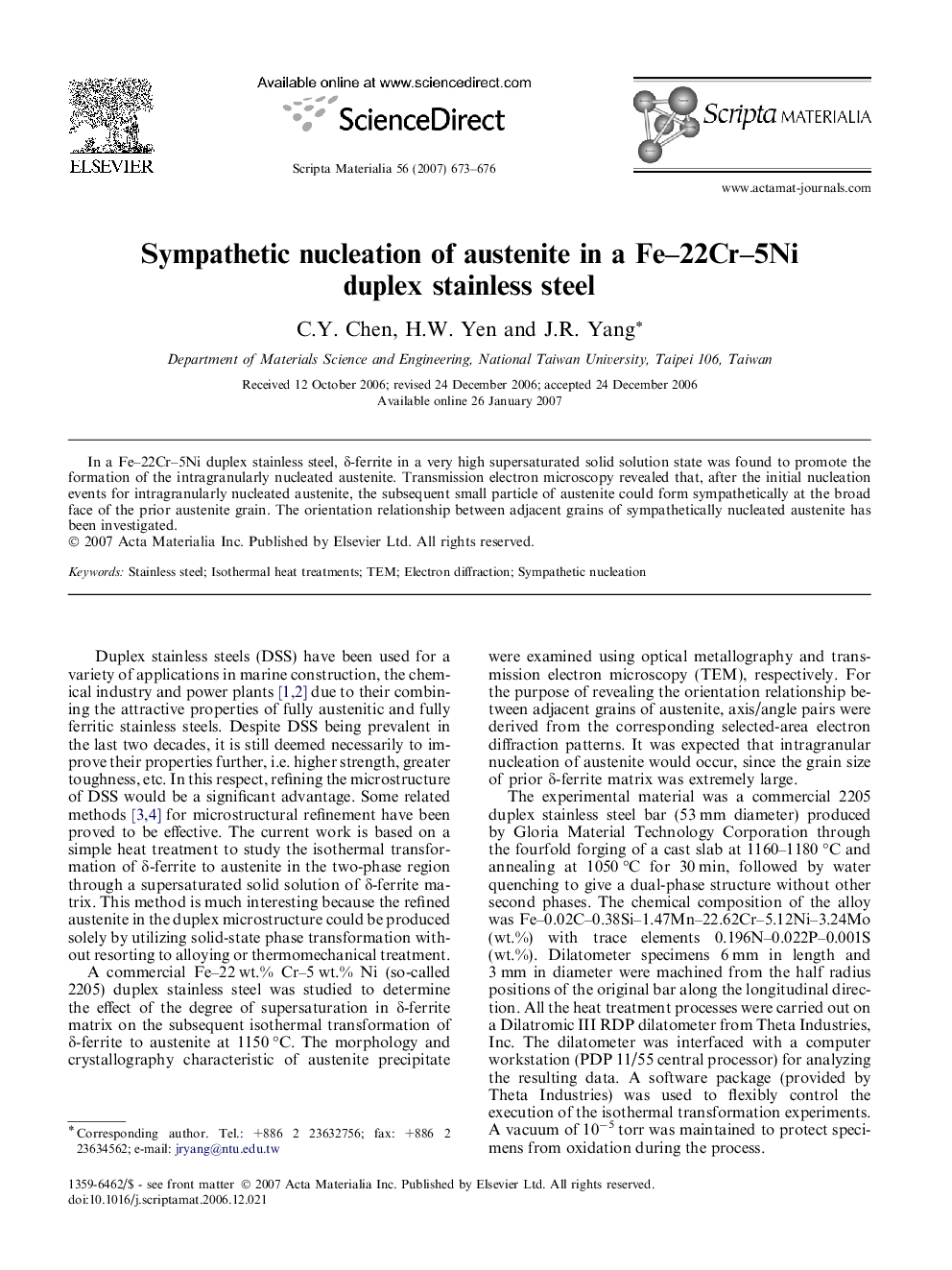 Sympathetic nucleation of austenite in a Fe–22Cr–5Ni duplex stainless steel