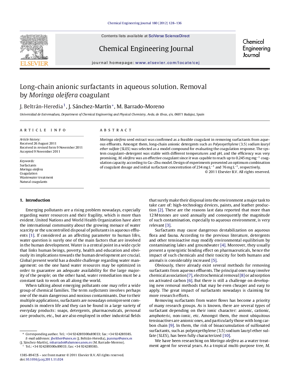 Long-chain anionic surfactants in aqueous solution. Removal by Moringa oleifera coagulant