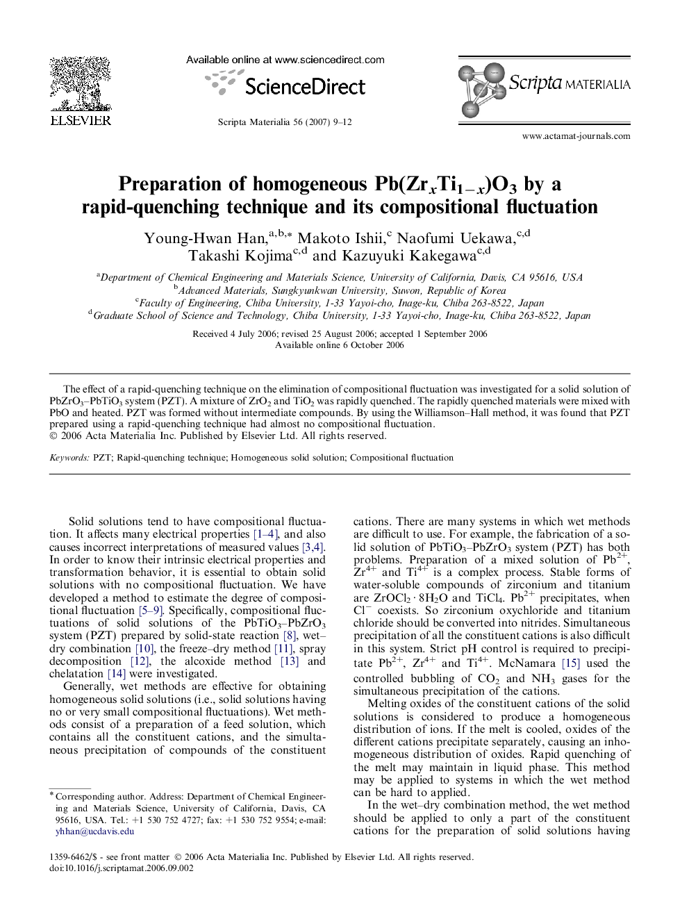 Preparation of homogeneous Pb(ZrxTi1−x)O3 by a rapid-quenching technique and its compositional fluctuation