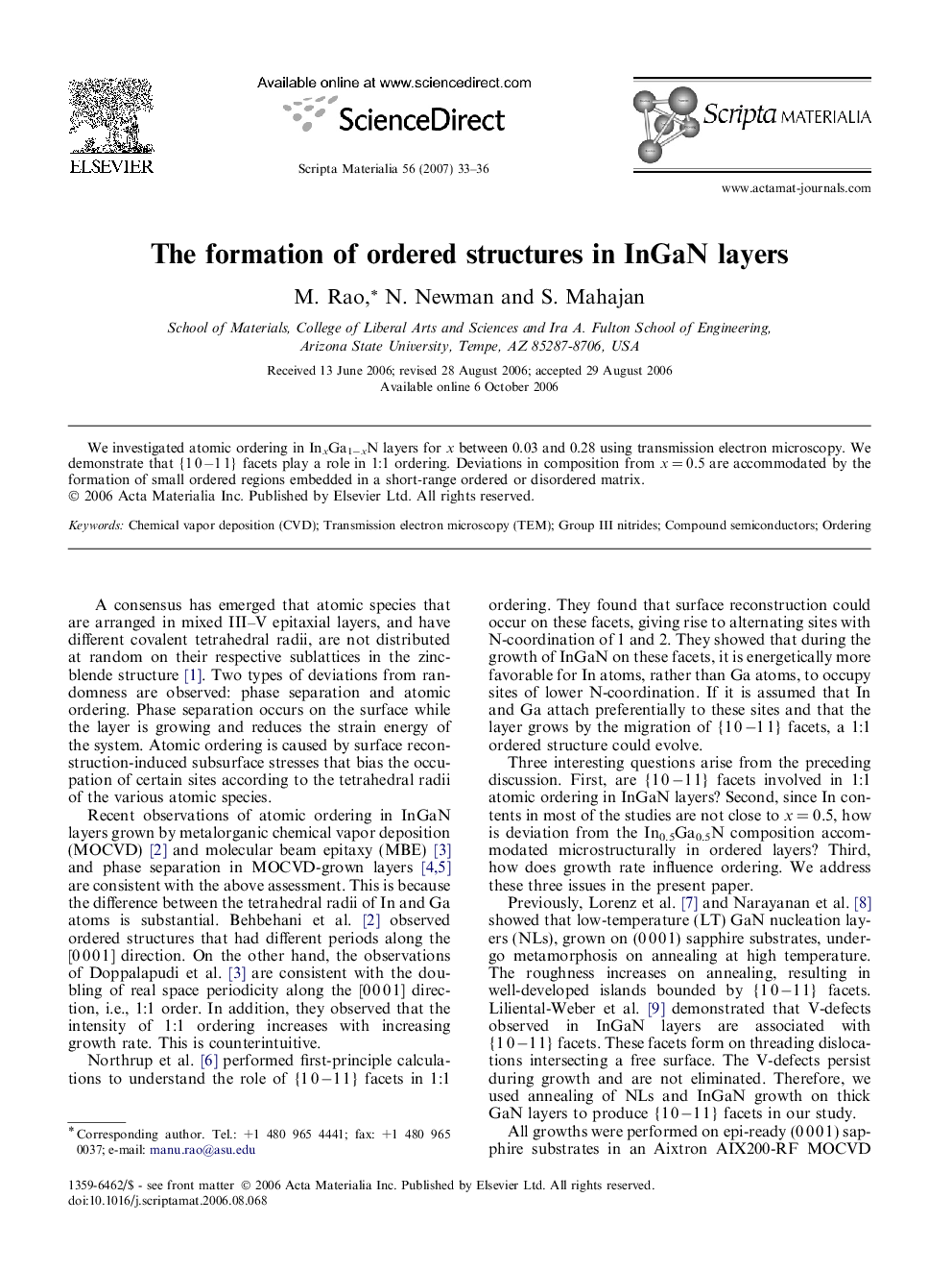 The formation of ordered structures in InGaN layers