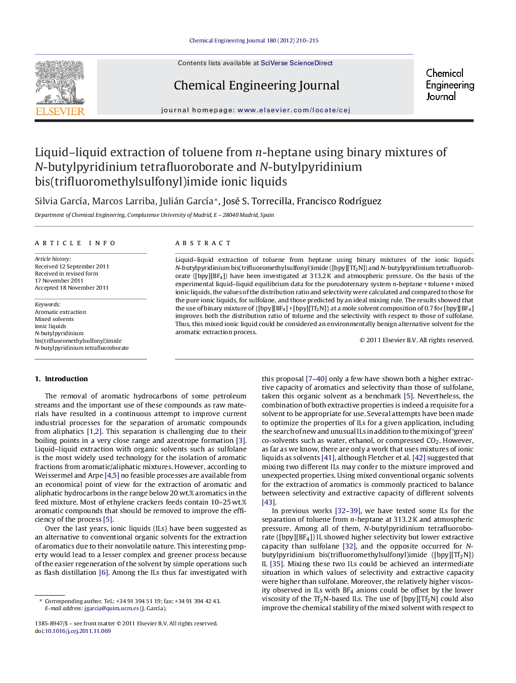 Liquid–liquid extraction of toluene from n-heptane using binary mixtures of N-butylpyridinium tetrafluoroborate and N-butylpyridinium bis(trifluoromethylsulfonyl)imide ionic liquids