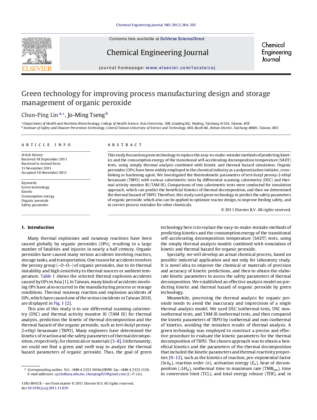 Green technology for improving process manufacturing design and storage management of organic peroxide