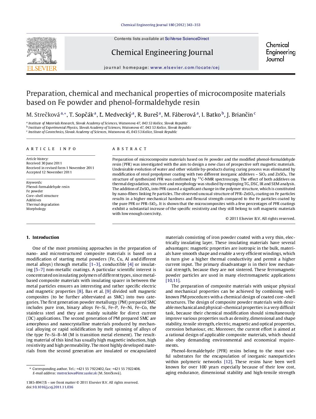 Preparation, chemical and mechanical properties of microcomposite materials based on Fe powder and phenol-formaldehyde resin