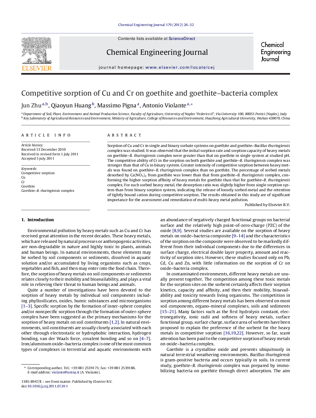 Competitive sorption of Cu and Cr on goethite and goethite–bacteria complex