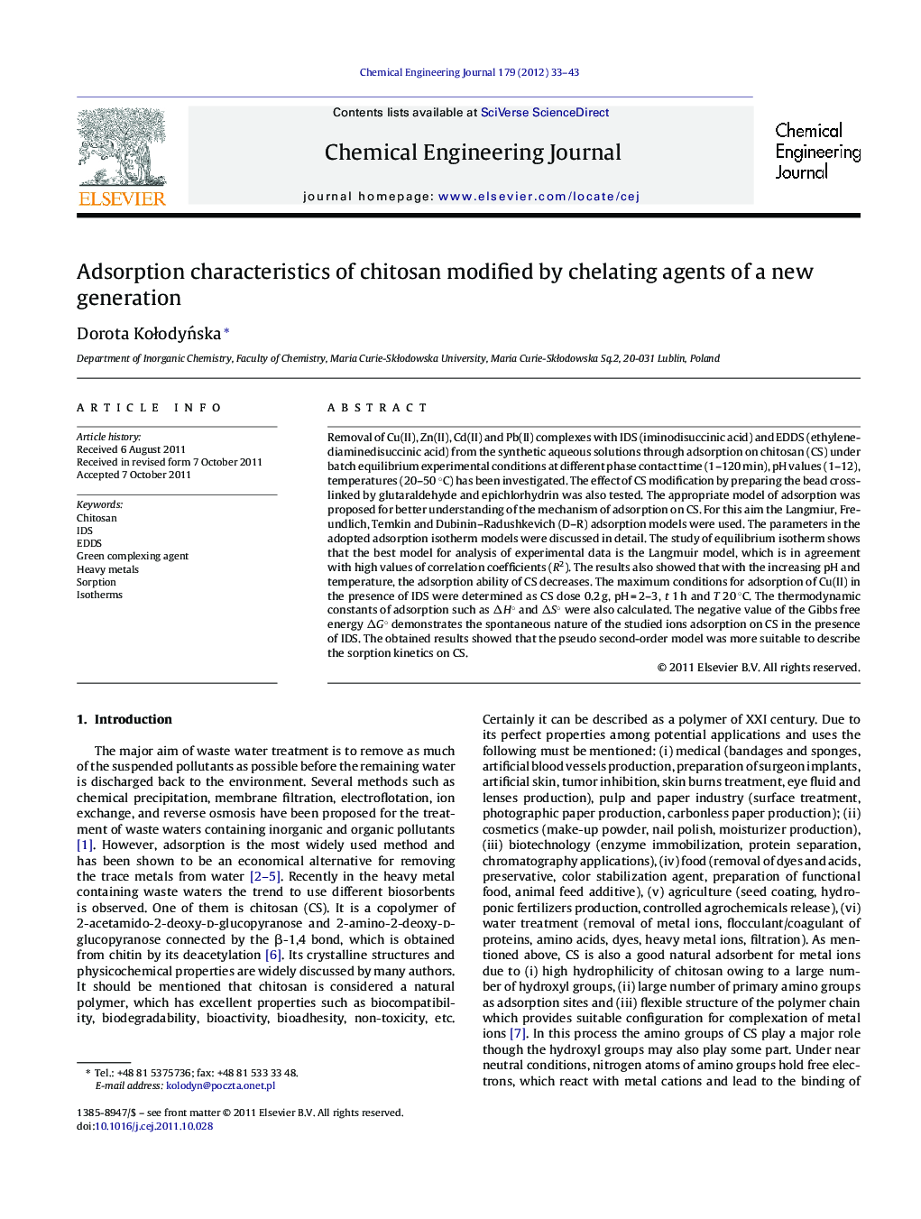 Adsorption characteristics of chitosan modified by chelating agents of a new generation