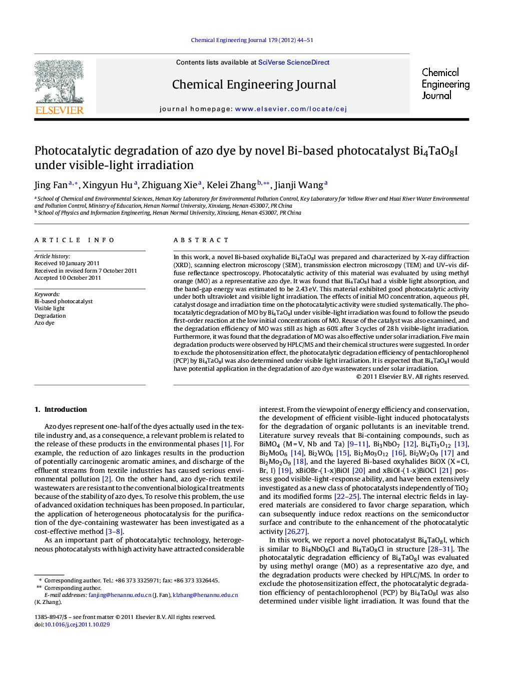 Photocatalytic degradation of azo dye by novel Bi-based photocatalyst Bi4TaO8I under visible-light irradiation