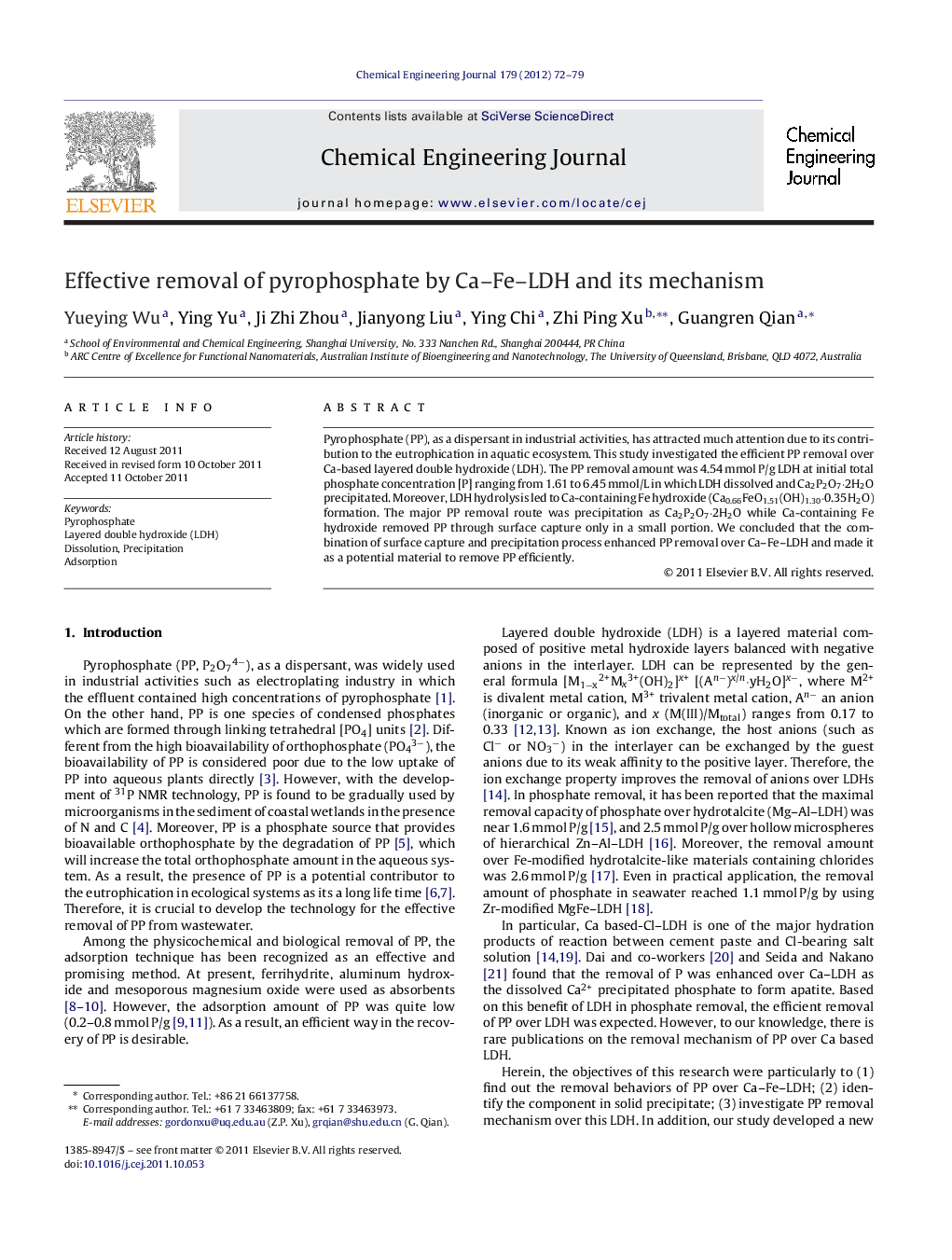 Effective removal of pyrophosphate by Ca–Fe–LDH and its mechanism