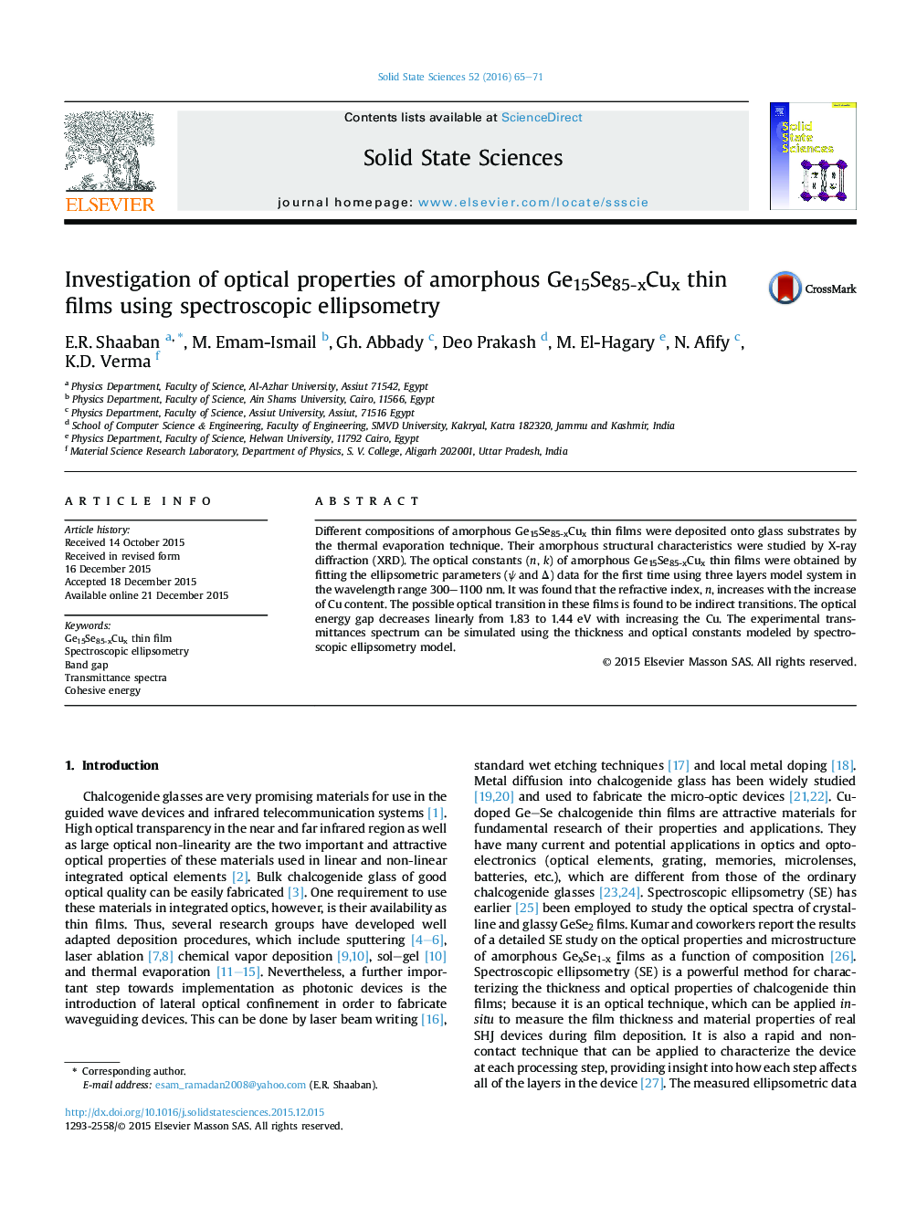 Investigation of optical properties of amorphous Ge15Se85-xCux thin films using spectroscopic ellipsometry