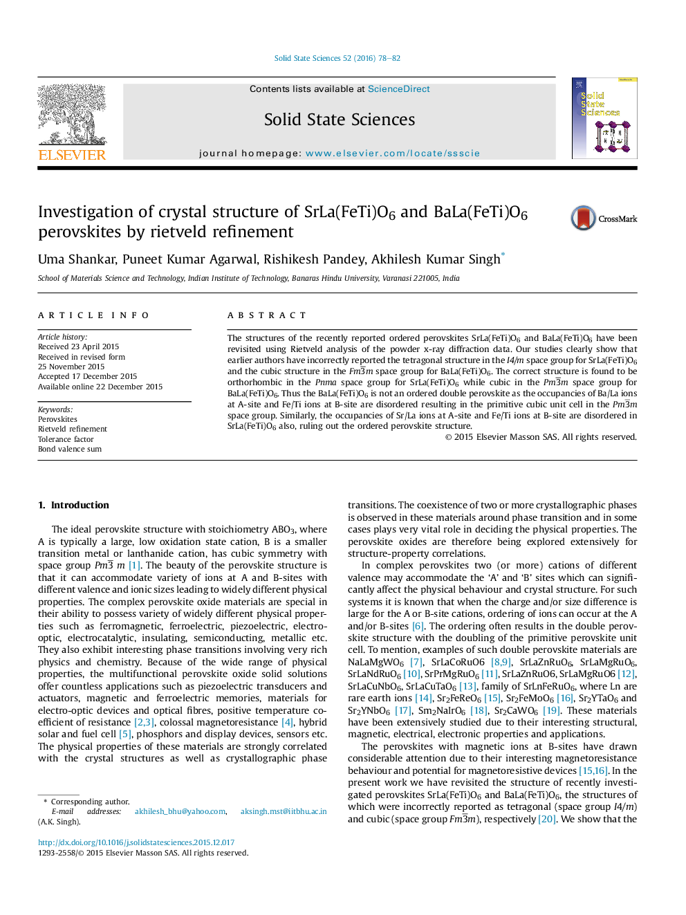 Investigation of crystal structure of SrLa(FeTi)O6 and BaLa(FeTi)O6 perovskites by rietveld refinement