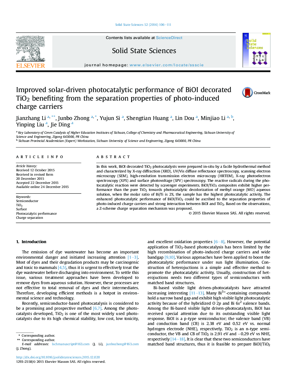 عکس صفحه اول مقاله: Improved solar-driven photocatalytic performance of BiOI decorated TiO2 benefiting from the separation properties of photo-induced charge carriers Improved solar-driven photocatalytic performance of BiOI decorated TiO2 benefiting from the separation properties of photo-induced charge carriers