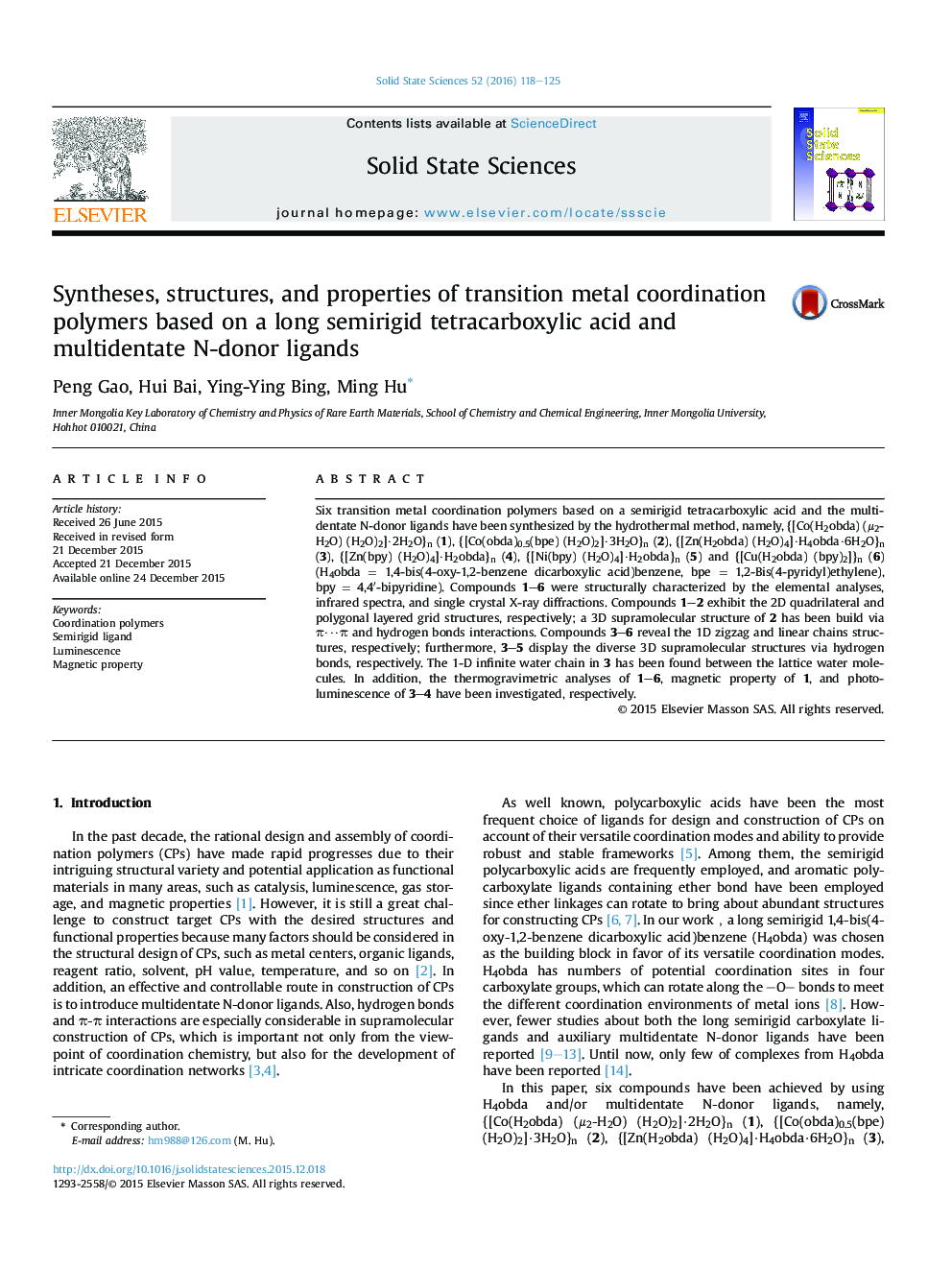 عکس صفحه اول مقاله: Syntheses, structures, and properties of transition metal coordination polymers based on a long semirigid tetracarboxylic acid and multidentate N-donor ligands Syntheses, structures, and properties of transition metal coordination polymers based on a long semirigid tetracarboxylic acid and multidentate N-donor ligands
