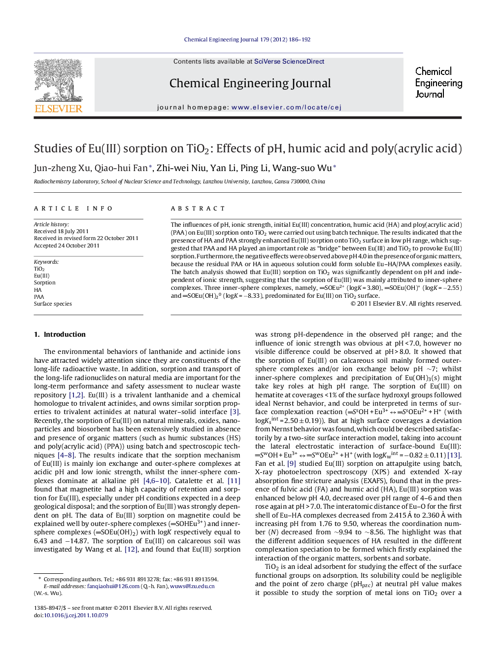 Studies of Eu(III) sorption on TiO2: Effects of pH, humic acid and poly(acrylic acid)