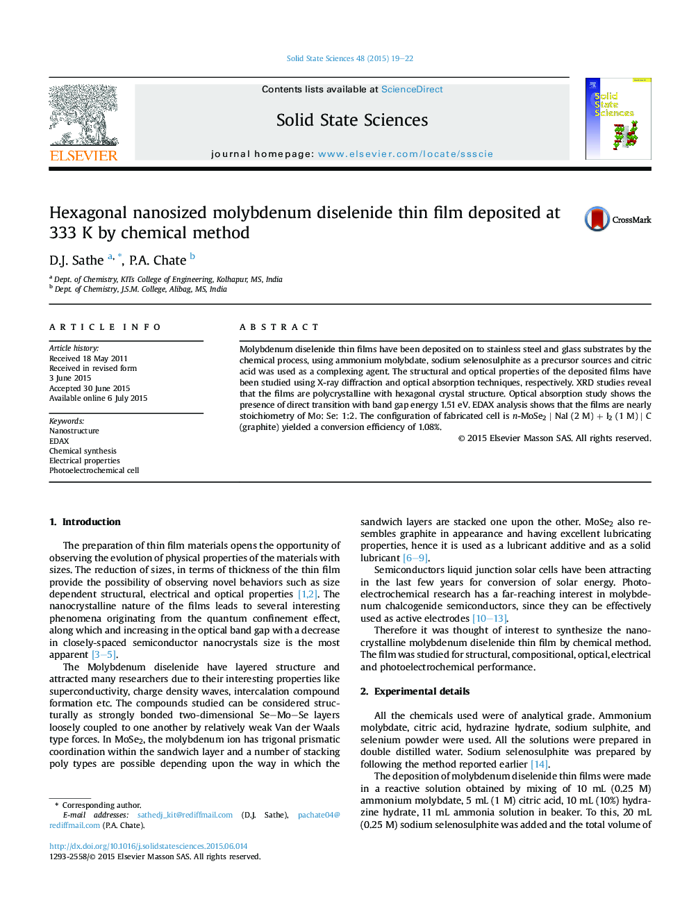 Hexagonal nanosized molybdenum diselenide thin film deposited at 333 K by chemical method