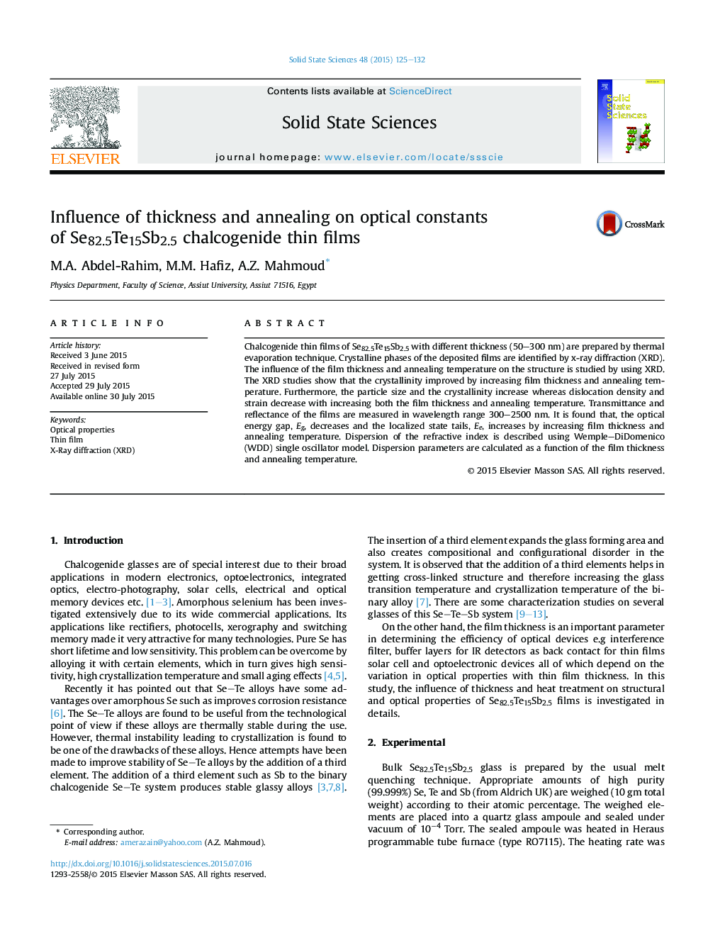 Influence of thickness and annealing on optical constants of Se82.5Te15Sb2.5 chalcogenide thin films