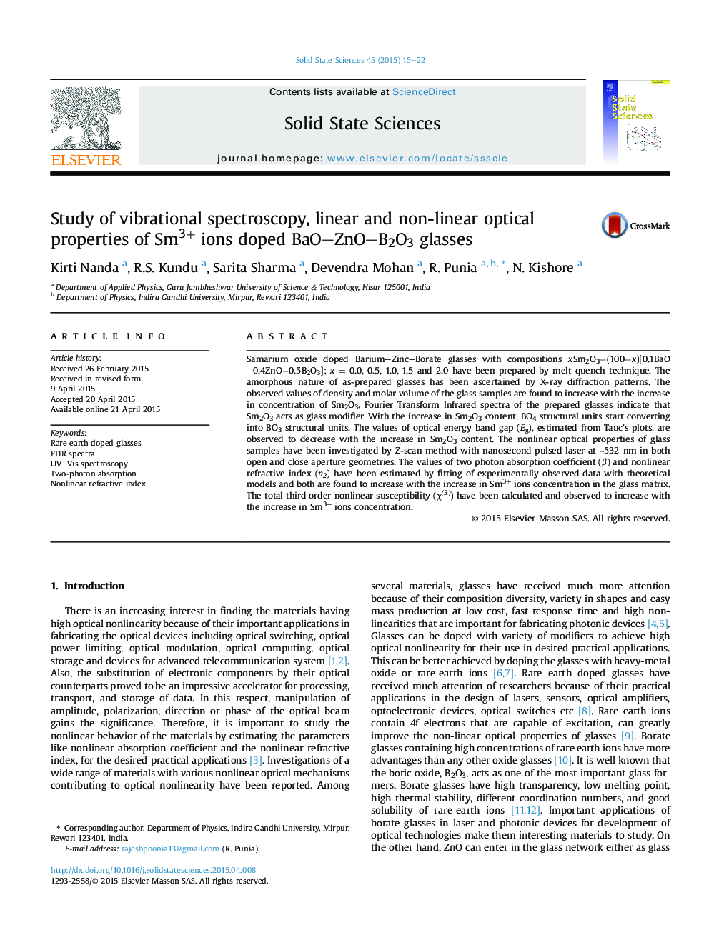 Study of vibrational spectroscopy, linear and non-linear optical properties of Sm3+ ions doped BaO–ZnO–B2O3 glasses