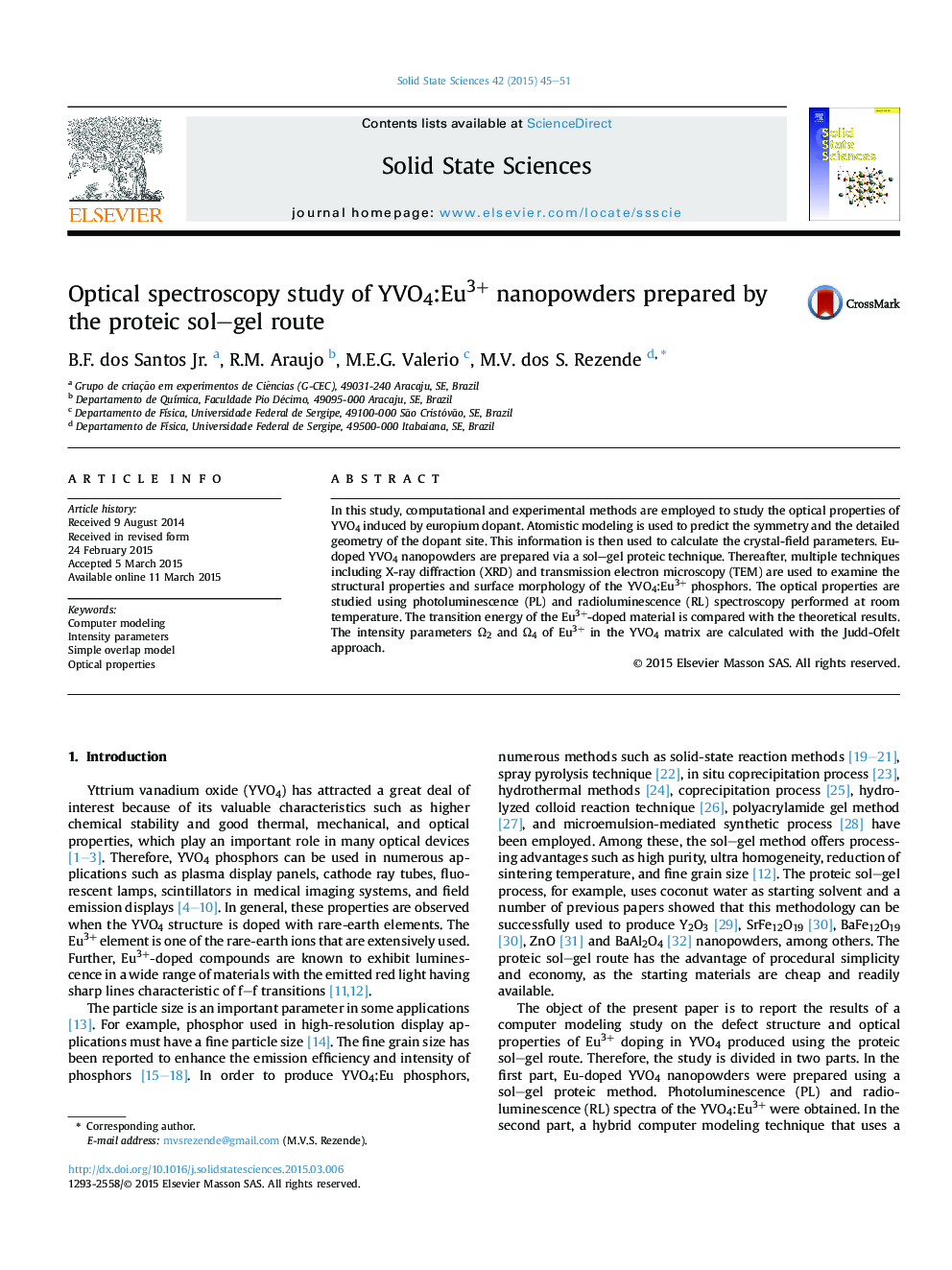 Optical spectroscopy study of YVO4:Eu3+ nanopowders prepared by the proteic sol–gel route