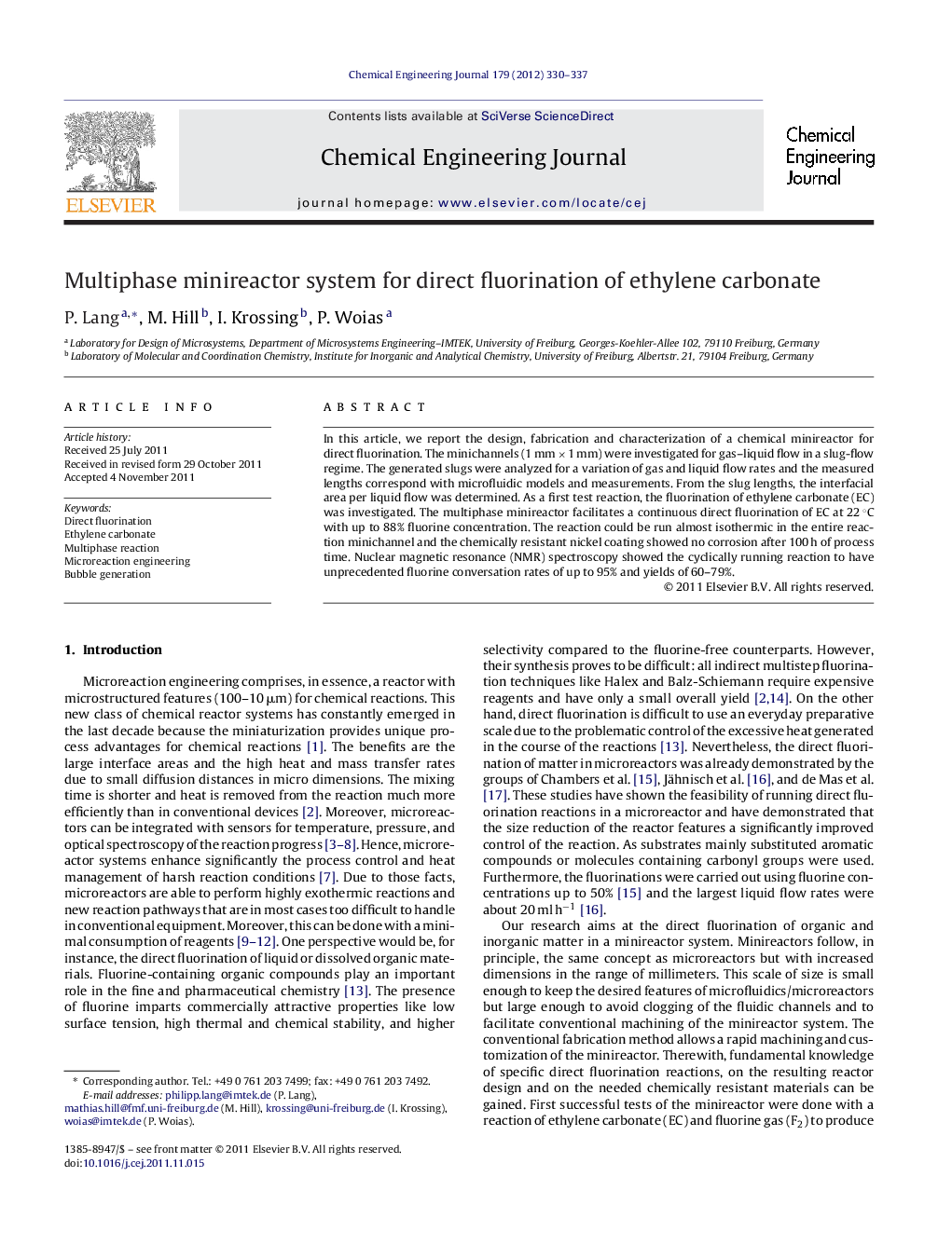 Multiphase minireactor system for direct fluorination of ethylene carbonate