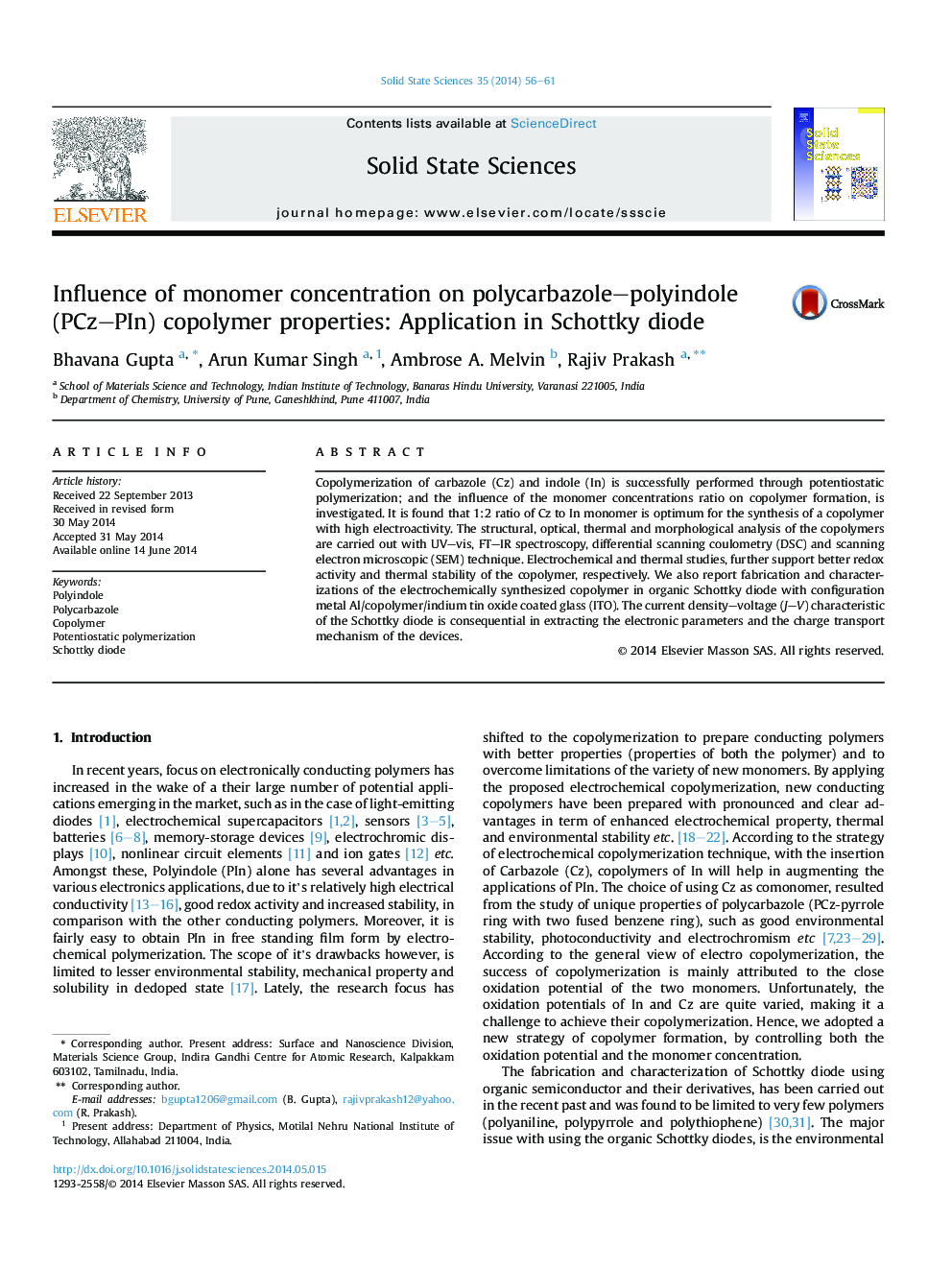 عکس صفحه اول مقاله: Influence of monomer concentration on polycarbazole–polyindole (PCz–PIn) copolymer properties: Application in Schottky diode Influence of monomer concentration on polycarbazole–polyindole (PCz–PIn) copolymer properties: Application in Schottky diode