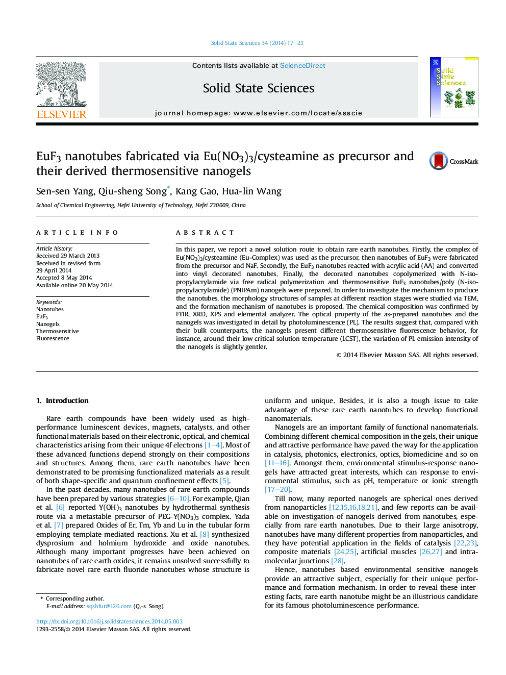 EuF3 nanotubes fabricated via Eu(NO3)3/cysteamine as precursor and their derived thermosensitive nanogels