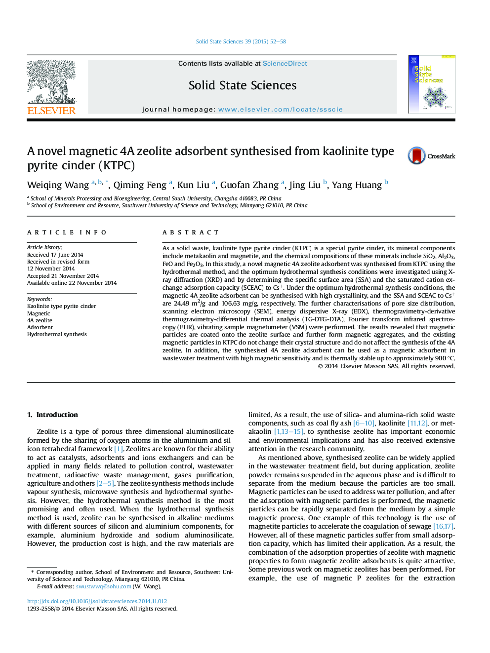 A novel magnetic 4A zeolite adsorbent synthesised from kaolinite type pyrite cinder (KTPC)