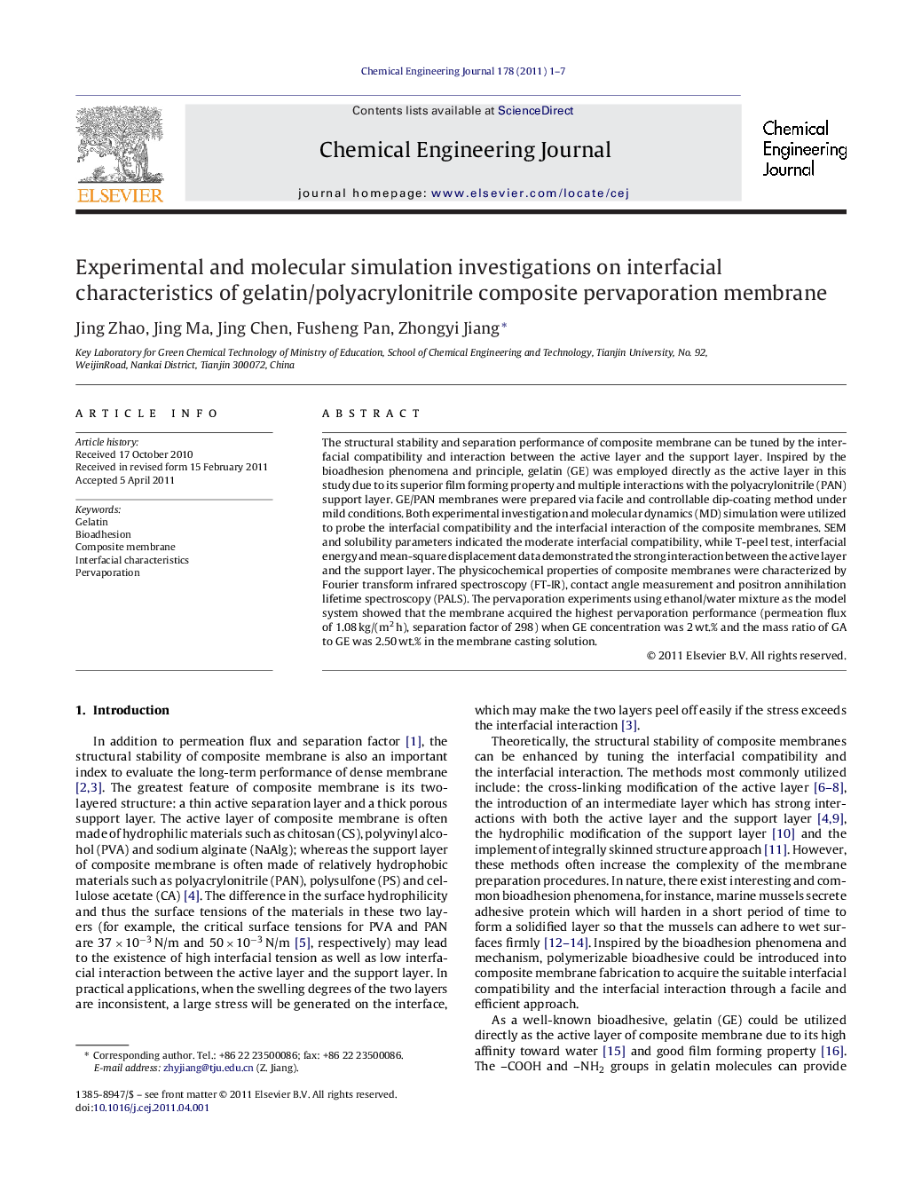 Experimental and molecular simulation investigations on interfacial characteristics of gelatin/polyacrylonitrile composite pervaporation membrane