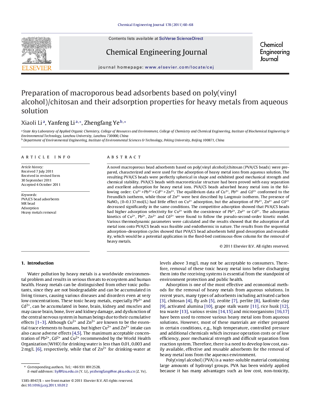 Preparation of macroporous bead adsorbents based on poly(vinyl alcohol)/chitosan and their adsorption properties for heavy metals from aqueous solution