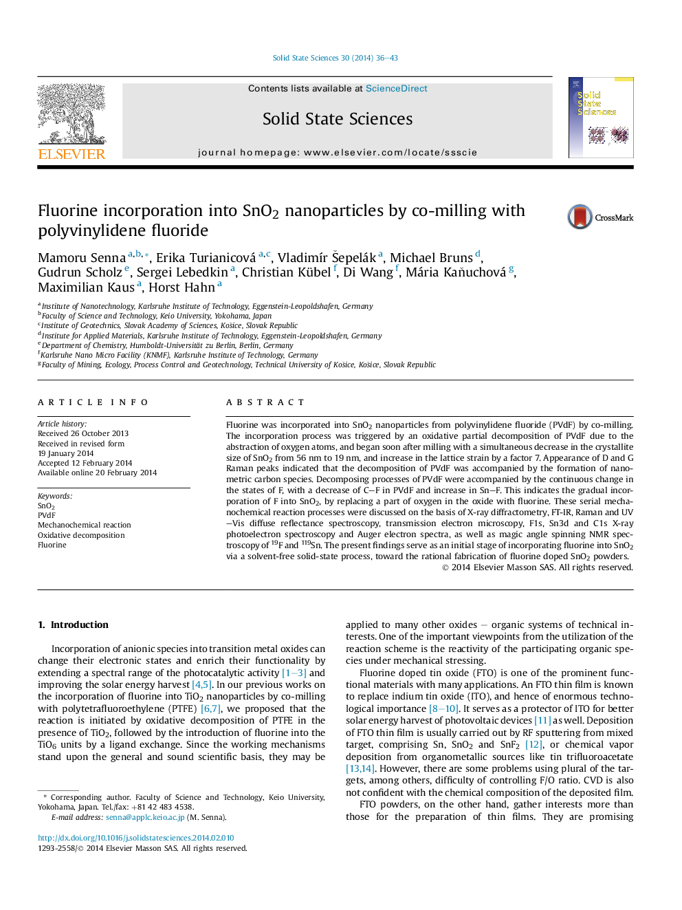 عکس صفحه اول مقاله: Fluorine incorporation into SnO2 nanoparticles by co-milling with polyvinylidene fluoride Fluorine incorporation into SnO2 nanoparticles by co-milling with polyvinylidene fluoride