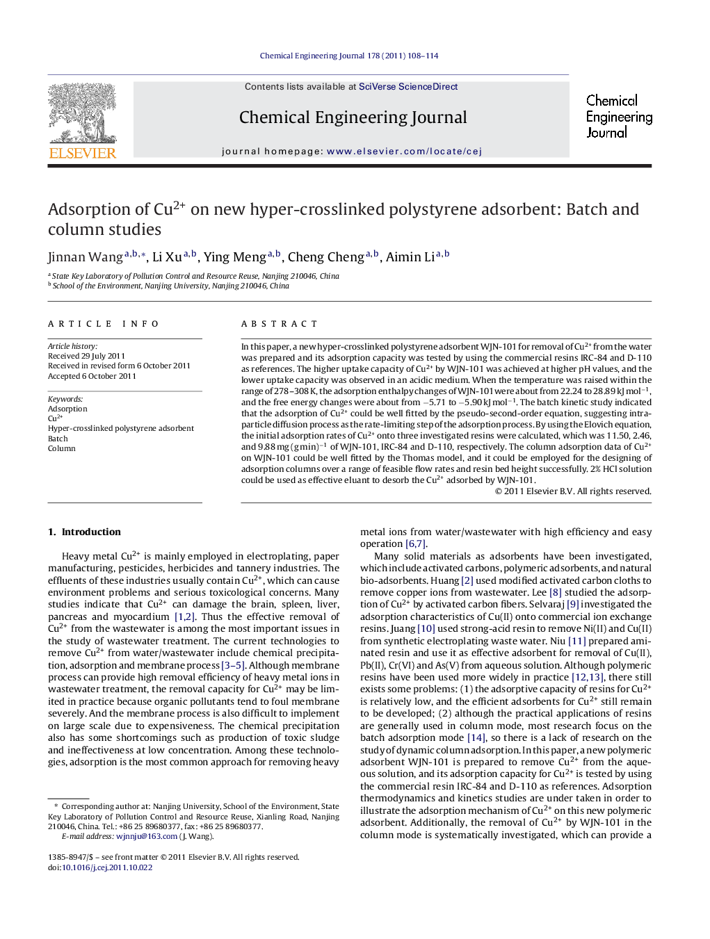 Adsorption of Cu2+ on new hyper-crosslinked polystyrene adsorbent: Batch and column studies