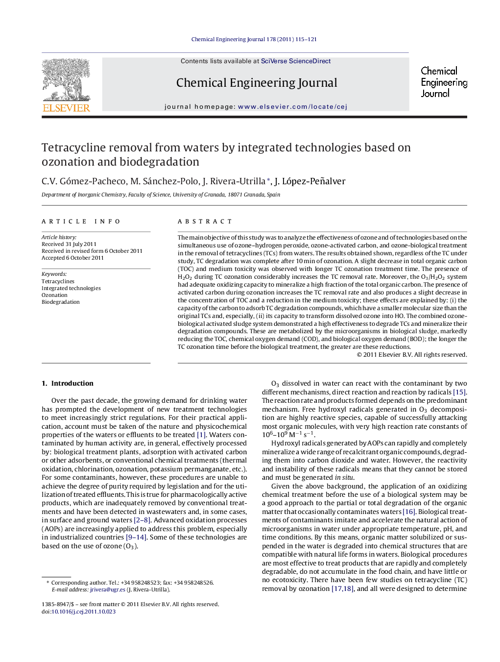 عکس صفحه اول مقاله: Tetracycline removal from waters by integrated technologies based on ozonation and biodegradation Tetracycline removal from waters by integrated technologies based on ozonation and biodegradation
