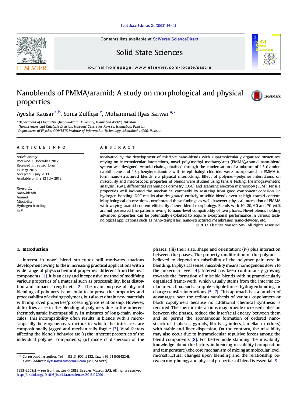 Nanoblends of PMMA/aramid: A study on morphological and physical properties