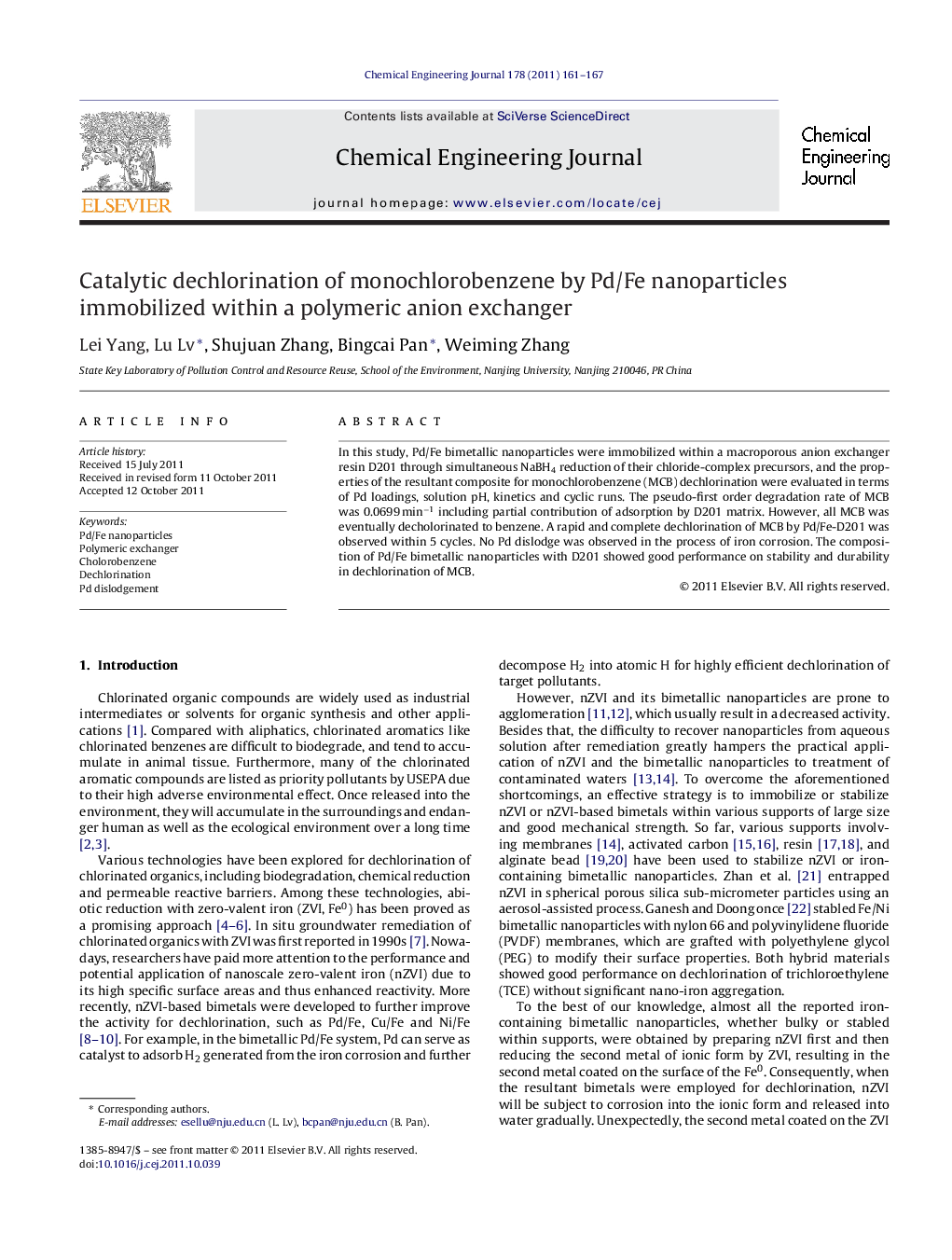 Catalytic dechlorination of monochlorobenzene by Pd/Fe nanoparticles immobilized within a polymeric anion exchanger