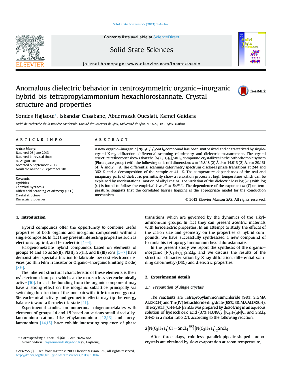 Anomalous dielectric behavior in centrosymmetric organic–inorganic hybrid bis-tetrapropylammonium hexachlorostannate. Crystal structure and properties