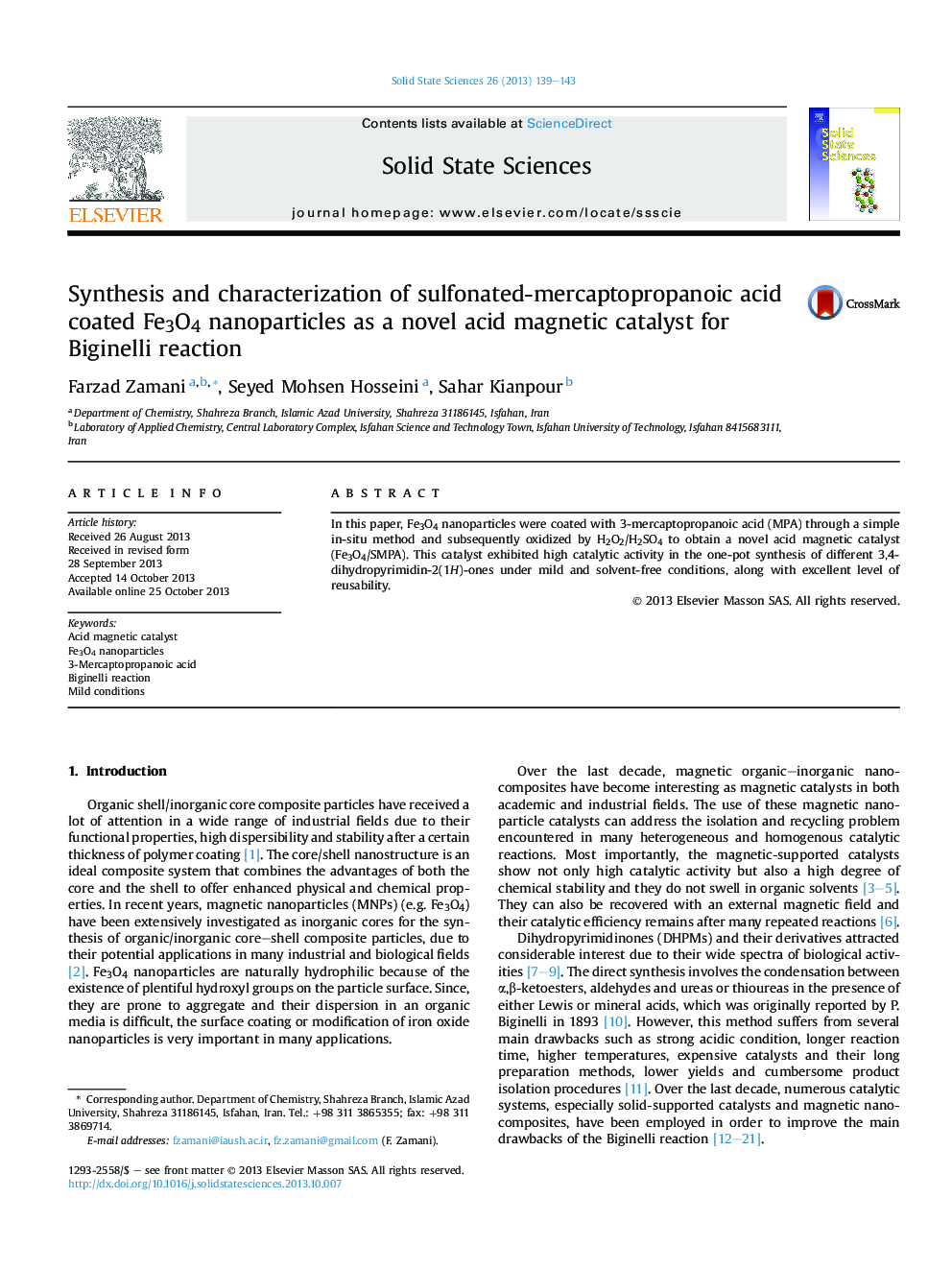 Synthesis and characterization of sulfonated-mercaptopropanoic acid coated Fe3O4 nanoparticles as a novel acid magnetic catalyst for Biginelli reaction