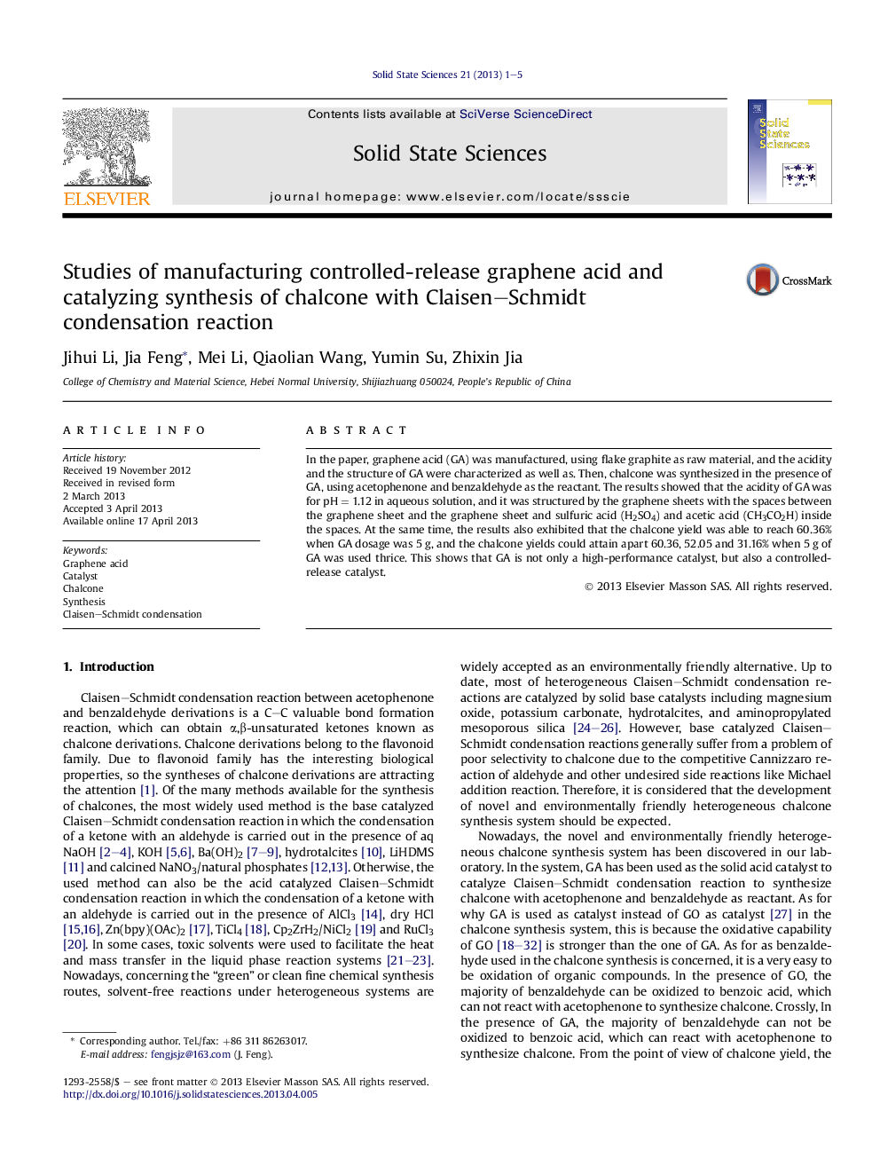 Studies of manufacturing controlled-release graphene acid and catalyzing synthesis of chalcone with Claisen–Schmidt condensation reaction