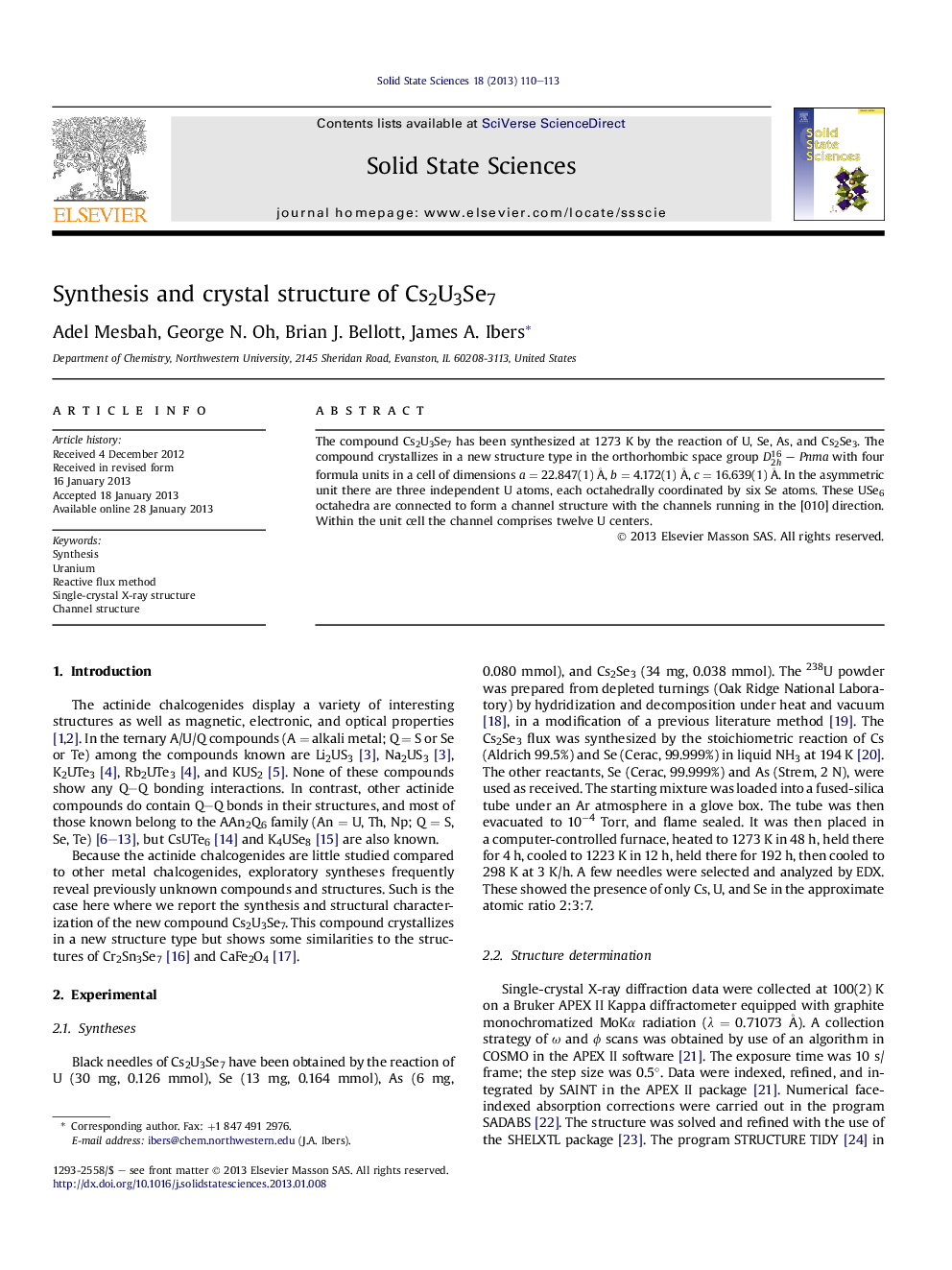 Synthesis and crystal structure of Cs2U3Se7