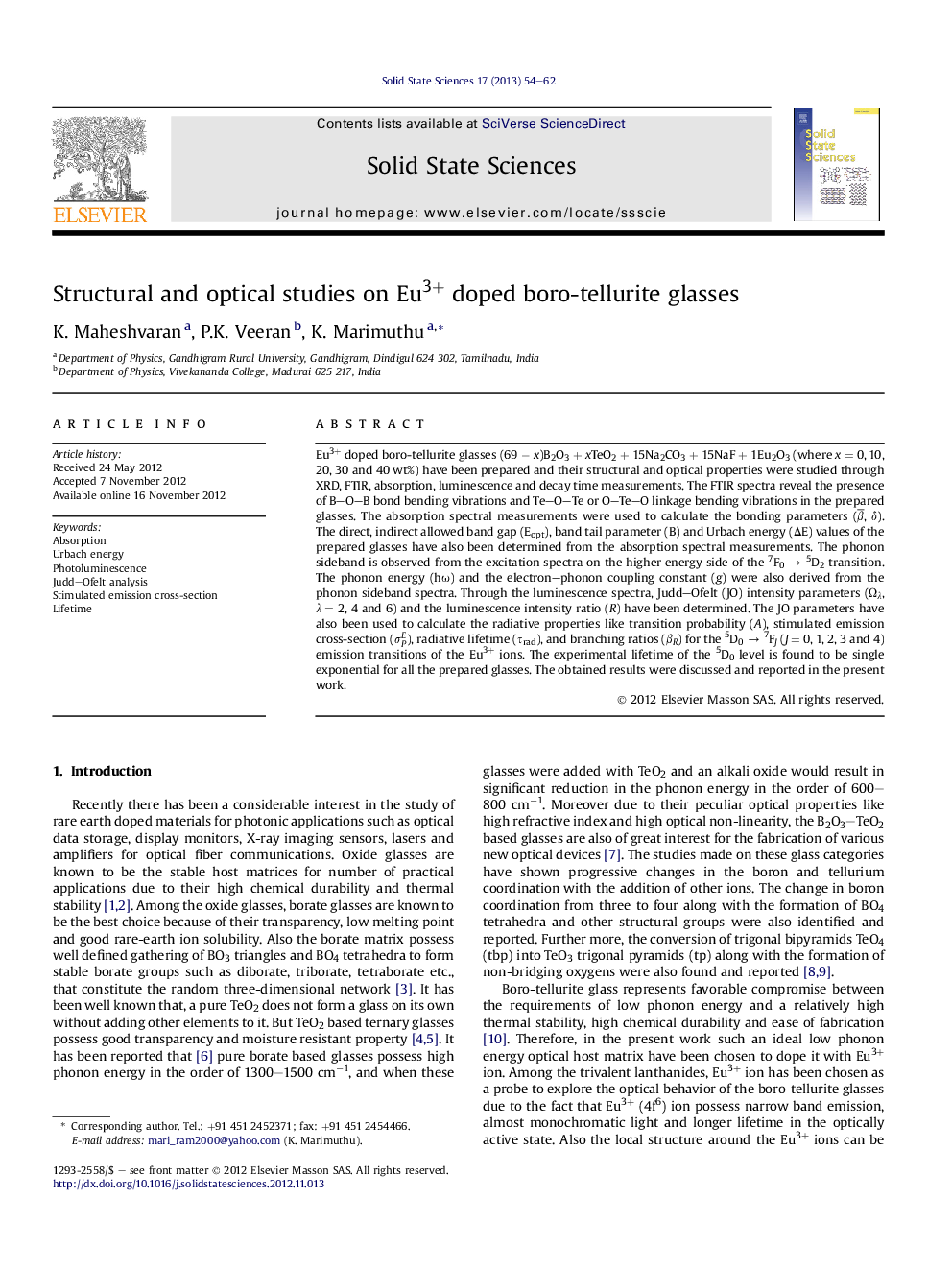 Structural and optical studies on Eu3+ doped boro-tellurite glasses