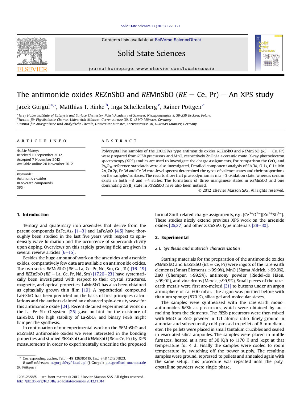 The antimonide oxides REZnSbO and REMnSbO (RE = Ce, Pr) – An XPS study