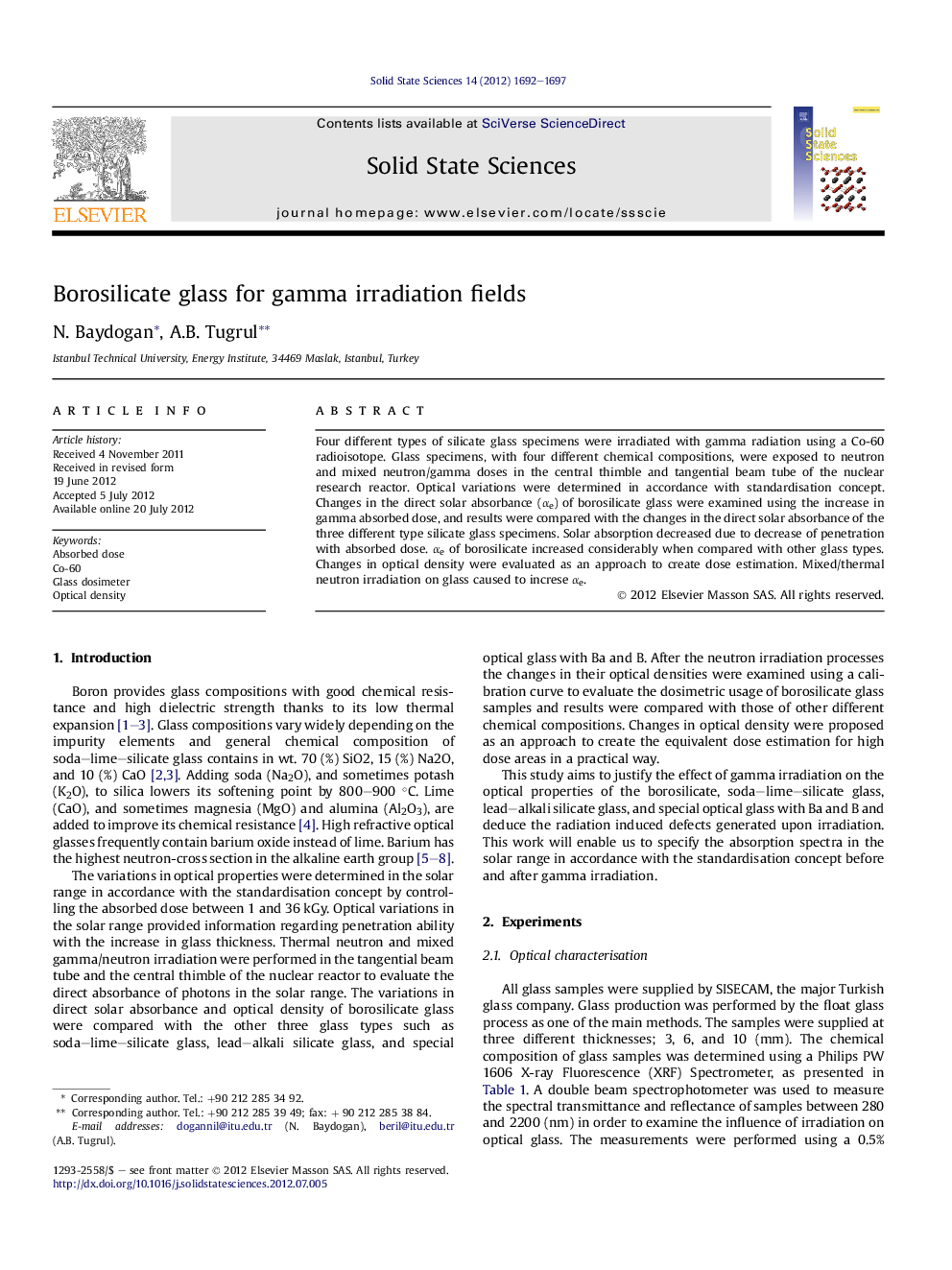 Borosilicate glass for gamma irradiation fields