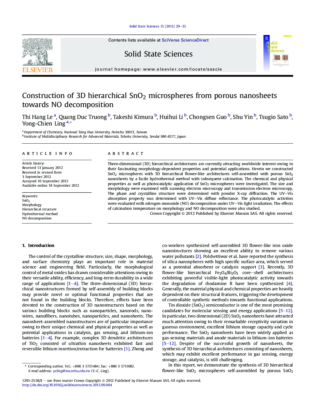 Construction of 3D hierarchical SnO2 microspheres from porous nanosheets towards NO decomposition