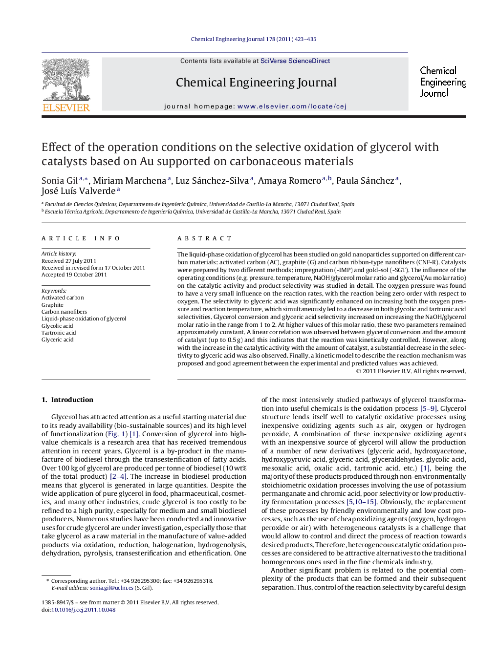 Effect of the operation conditions on the selective oxidation of glycerol with catalysts based on Au supported on carbonaceous materials