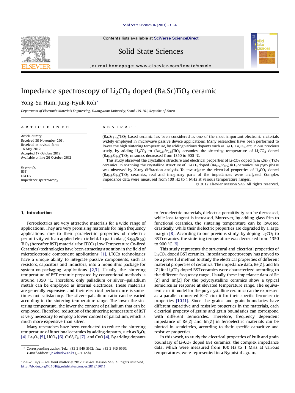 Impedance spectroscopy of Li2CO3 doped (Ba,Sr)TiO3 ceramic