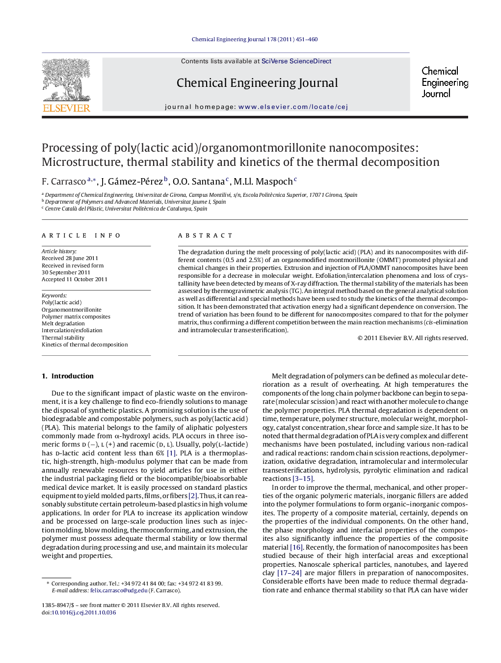 Processing of poly(lactic acid)/organomontmorillonite nanocomposites: Microstructure, thermal stability and kinetics of the thermal decomposition