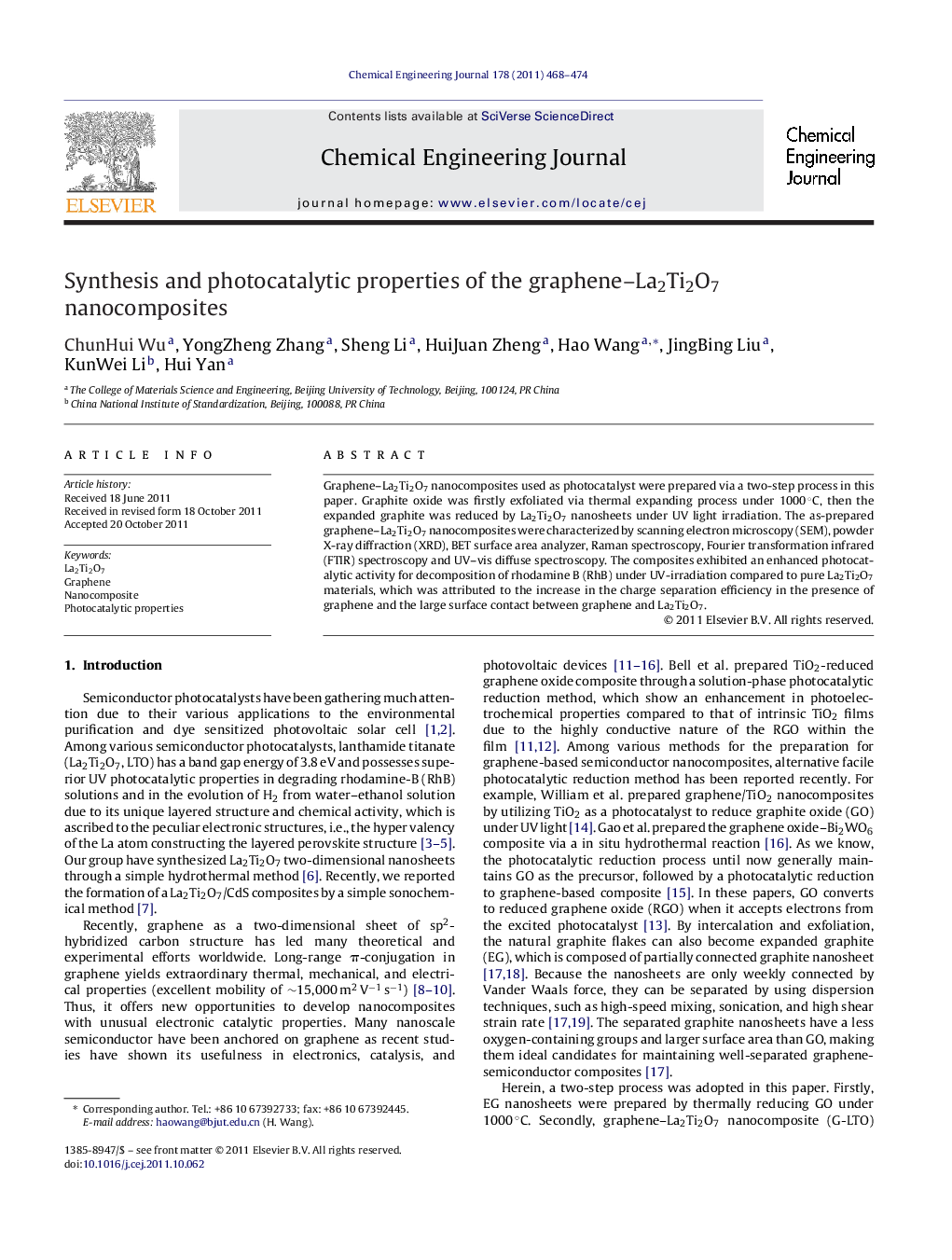 عکس صفحه اول مقاله: Synthesis and photocatalytic properties of the graphene–La2Ti2O7 nanocomposites Synthesis and photocatalytic properties of the graphene–La2Ti2O7 nanocomposites