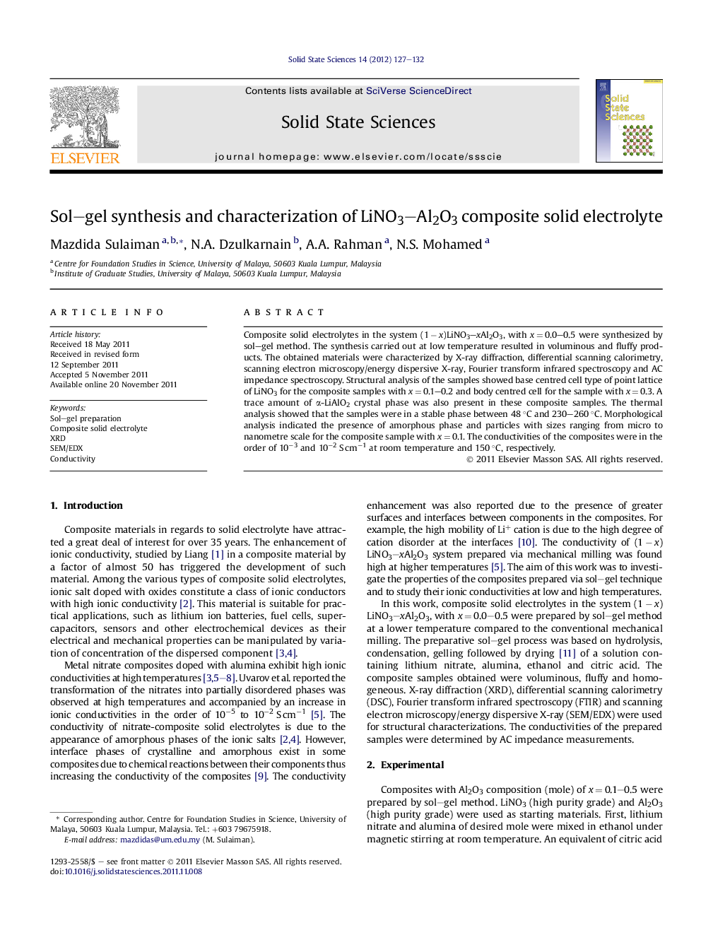 Sol–gel synthesis and characterization of LiNO3–Al2O3 composite solid electrolyte