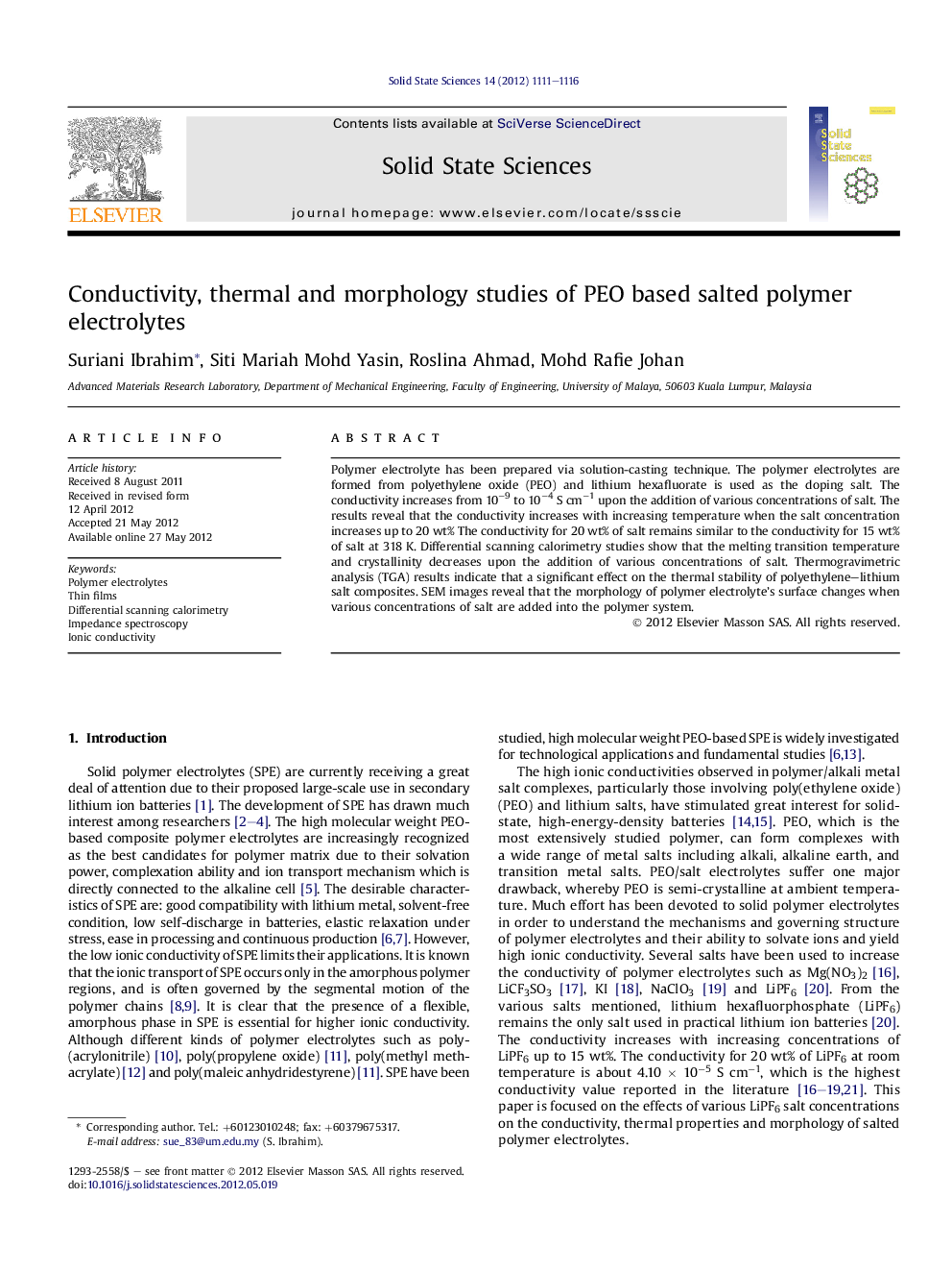 عکس صفحه اول مقاله: Conductivity, thermal and morphology studies of PEO based salted polymer electrolytes Conductivity, thermal and morphology studies of PEO based salted polymer electrolytes