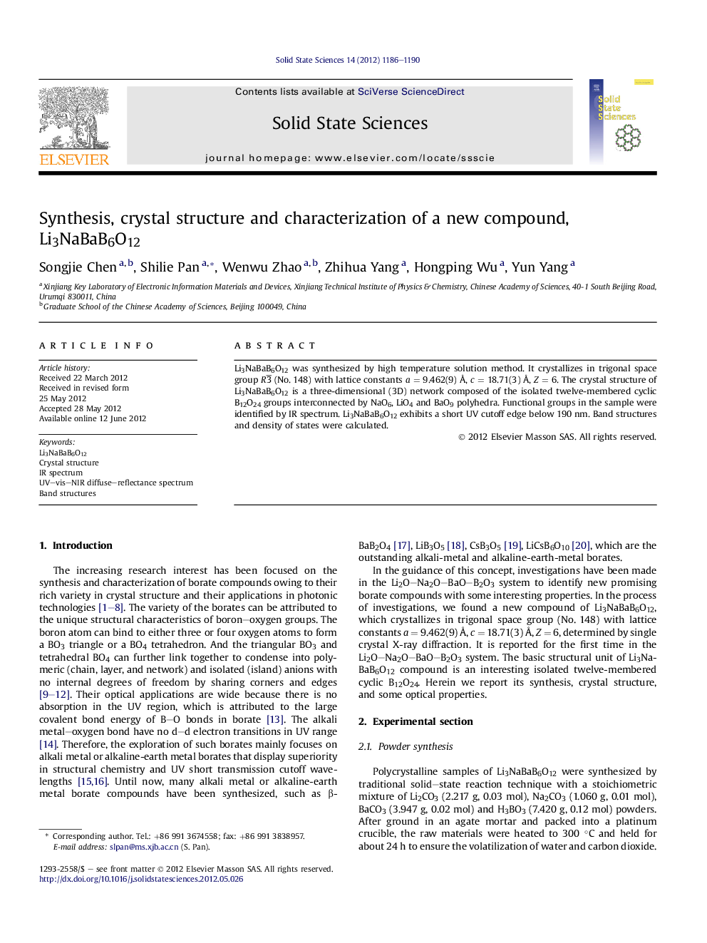 Synthesis, crystal structure and characterization of a new compound, Li3NaBaB6O12