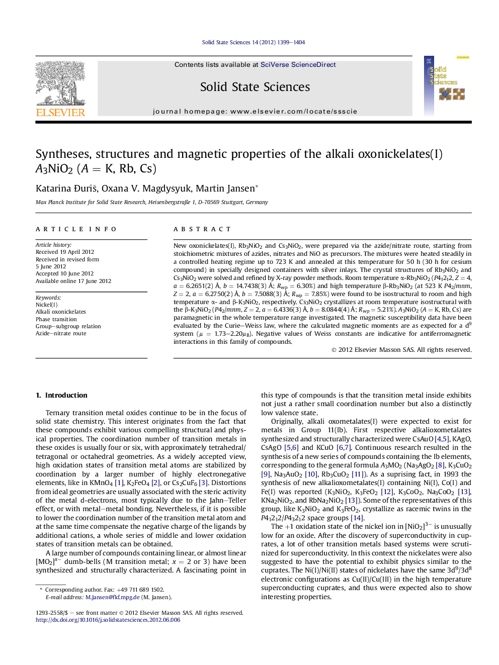 Syntheses, structures and magnetic properties of the alkali oxonickelates(I) A3NiO2 (A = K, Rb, Cs)