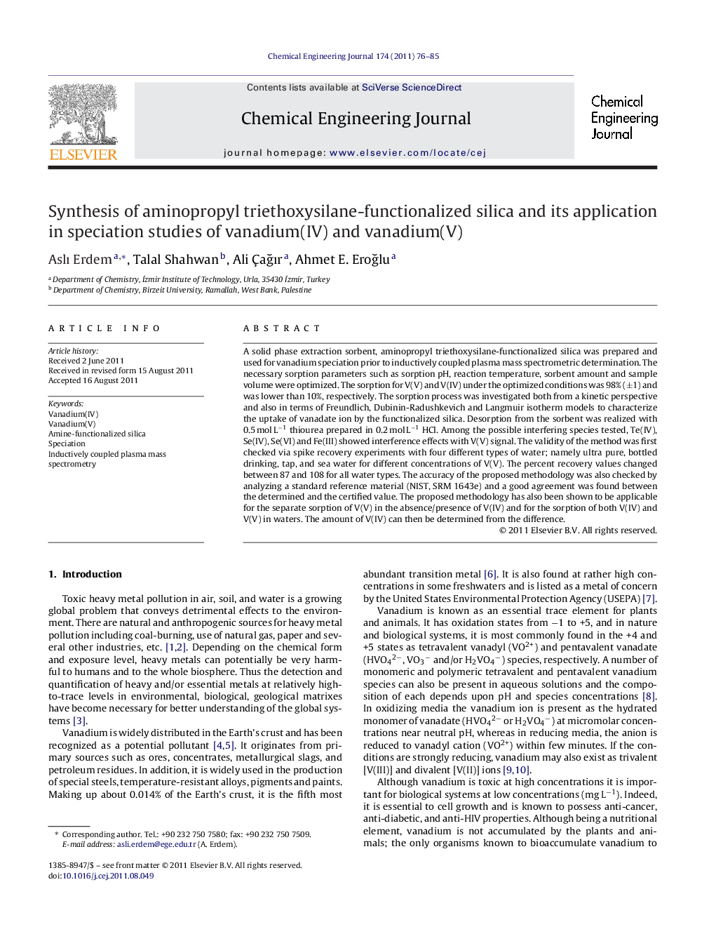 Synthesis of aminopropyl triethoxysilane-functionalized silica and its application in speciation studies of vanadium(IV) and vanadium(V)