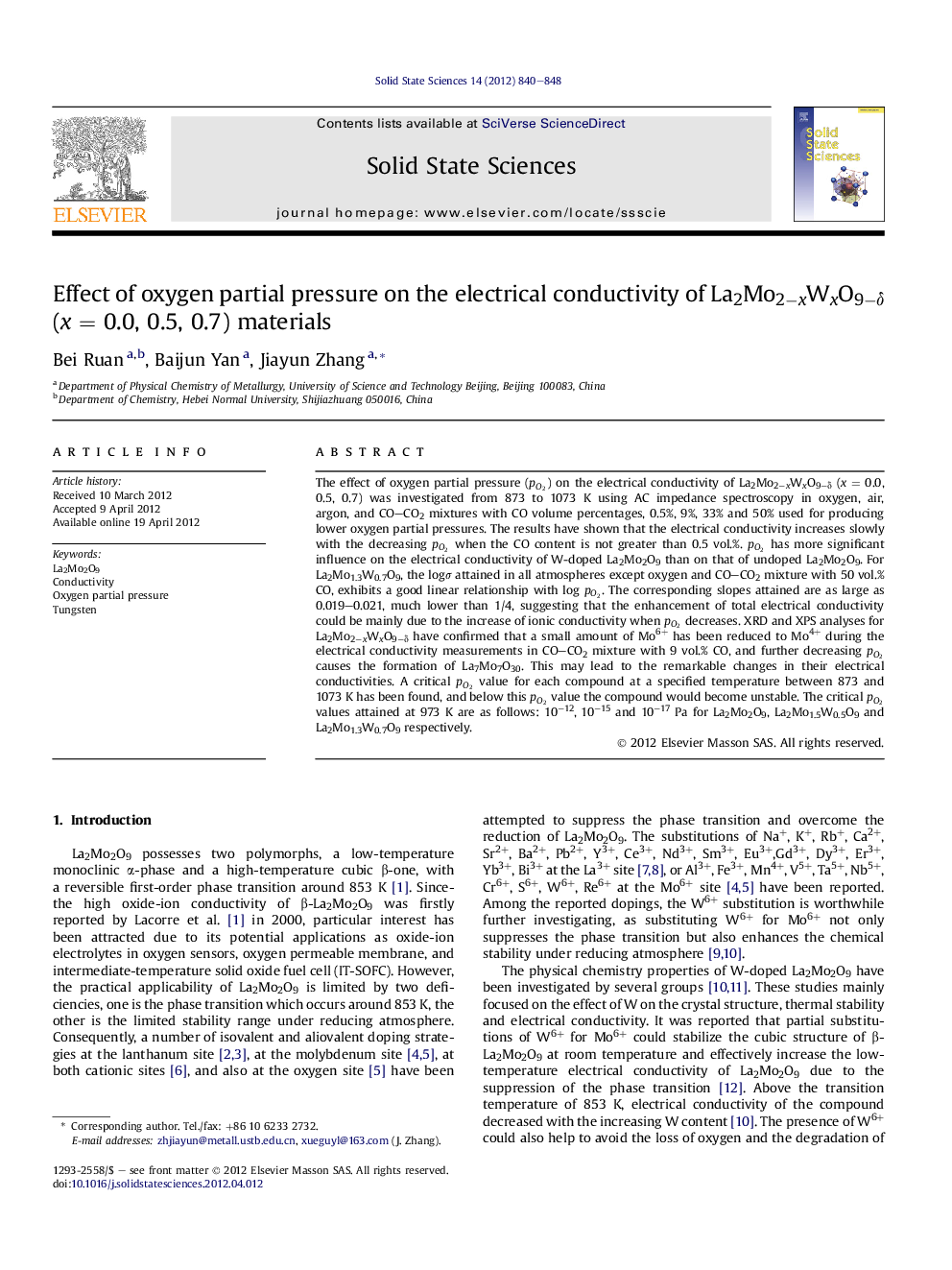 Effect of oxygen partial pressure on the electrical conductivity of La2Mo2−xWxO9−δ (x = 0.0, 0.5, 0.7) materials