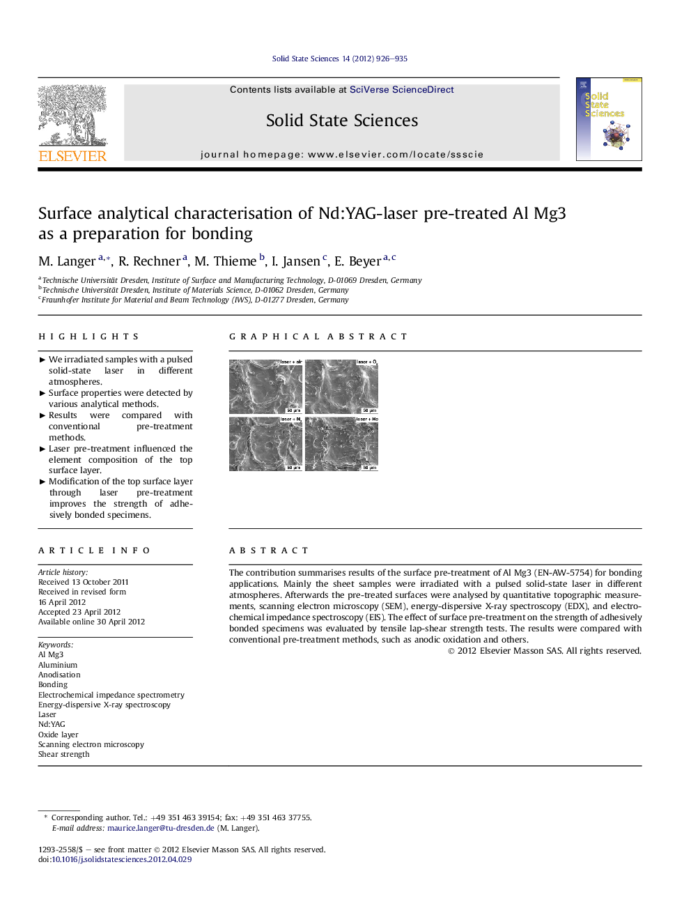 Surface analytical characterisation of Nd:YAG-laser pre-treated Al Mg3 as a preparation for bonding